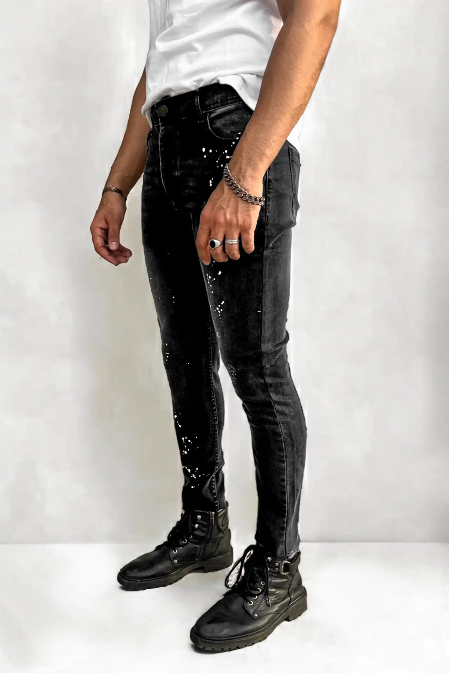 Faded Black Paint Splatter Jeans - Muscle Fit