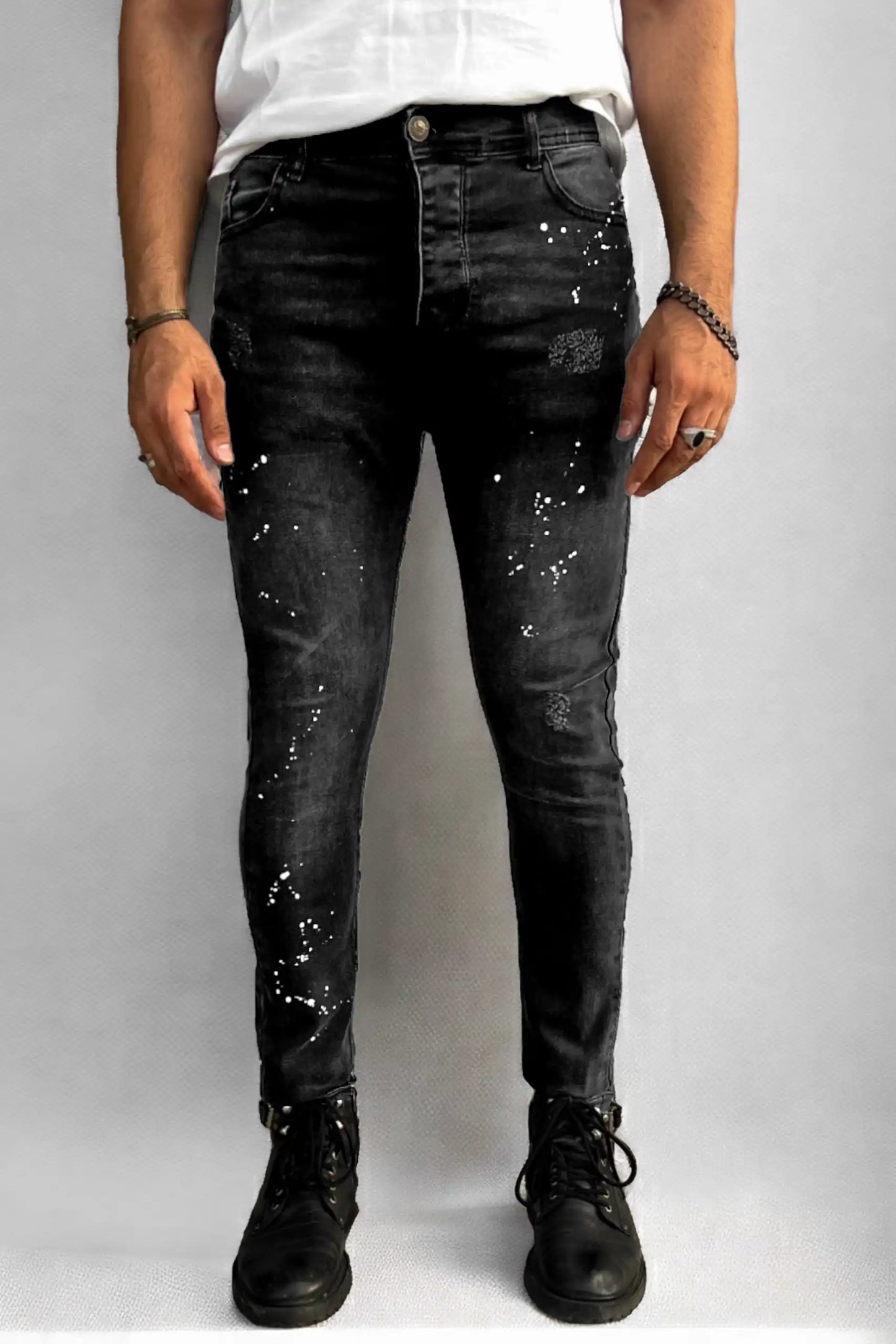 Faded Black Paint Splatter Jeans - Muscle Fit
