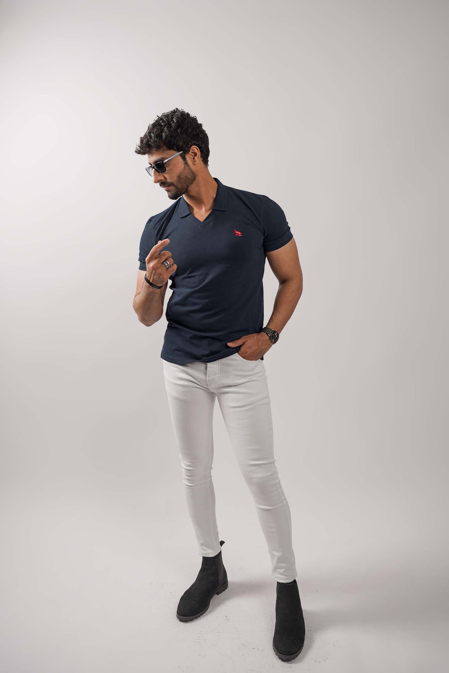 Navy Blue V-Neck Flex Polo Shirt