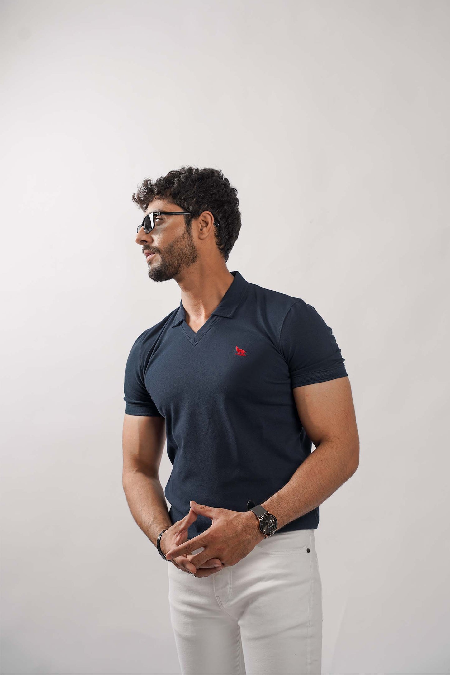 Navy Blue V-Neck Flex Polo Shirt