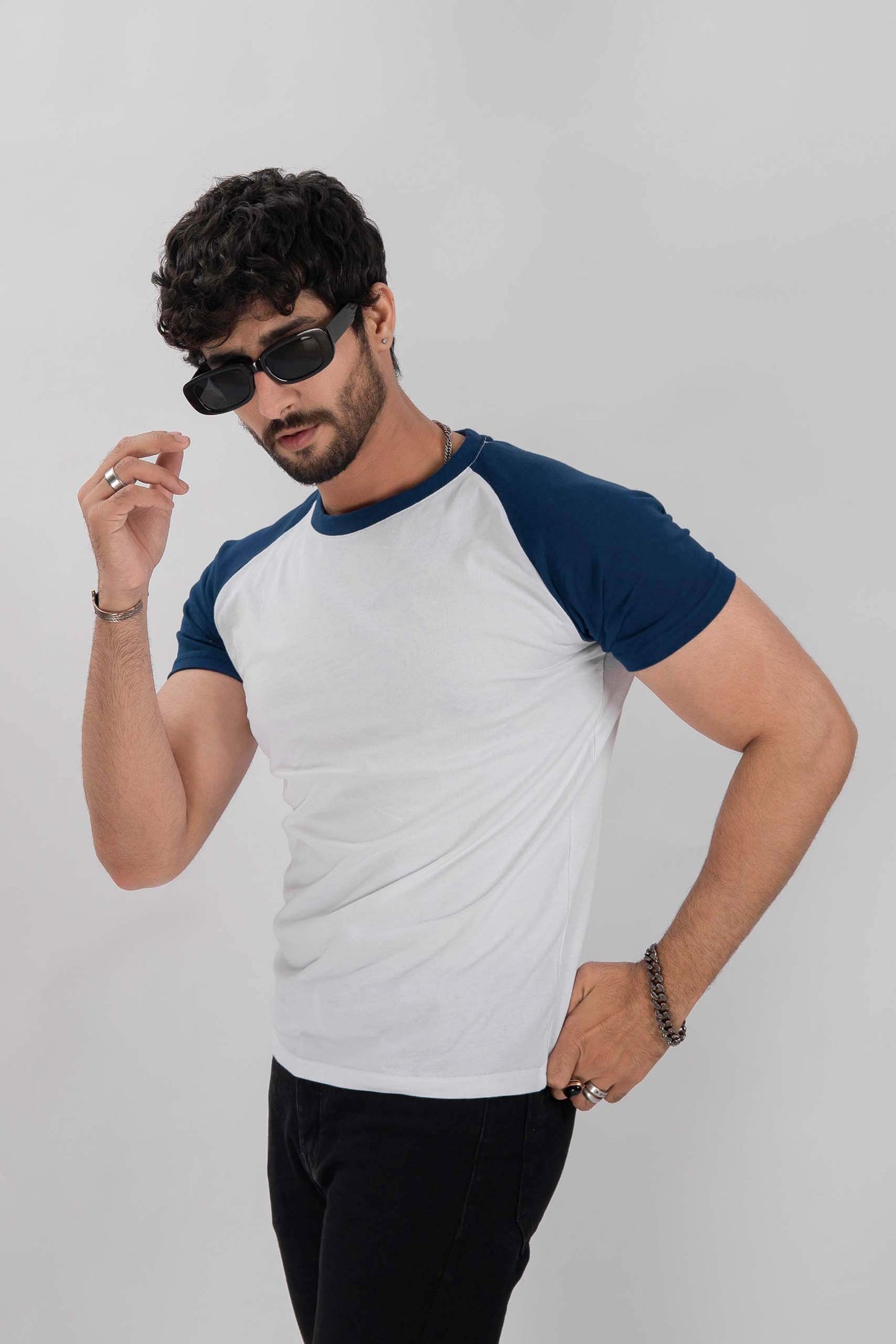 White Navy Raglan Tee