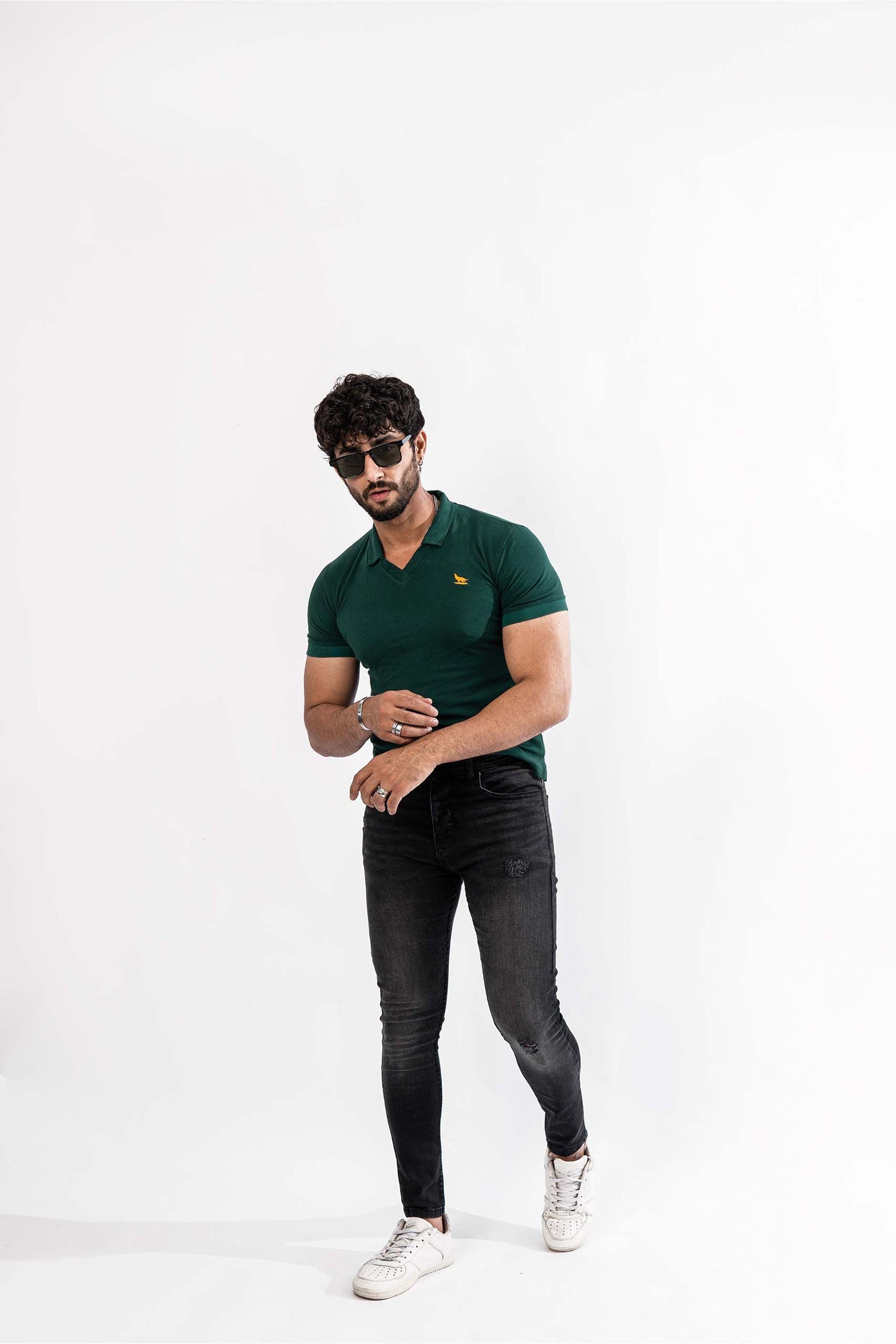 Green V-Neck Flex Polo Shirt