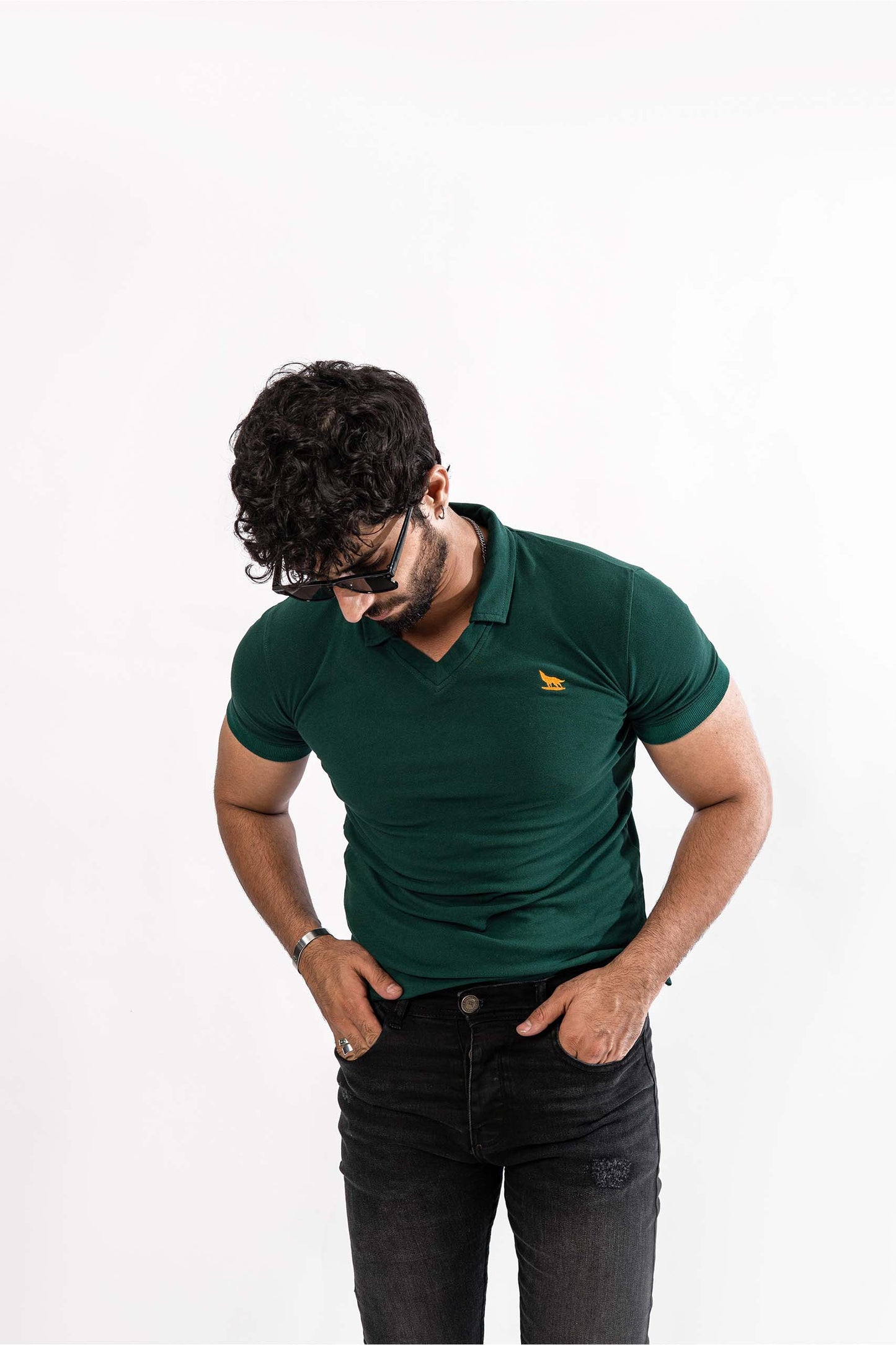 Green V-Neck Flex Polo Shirt