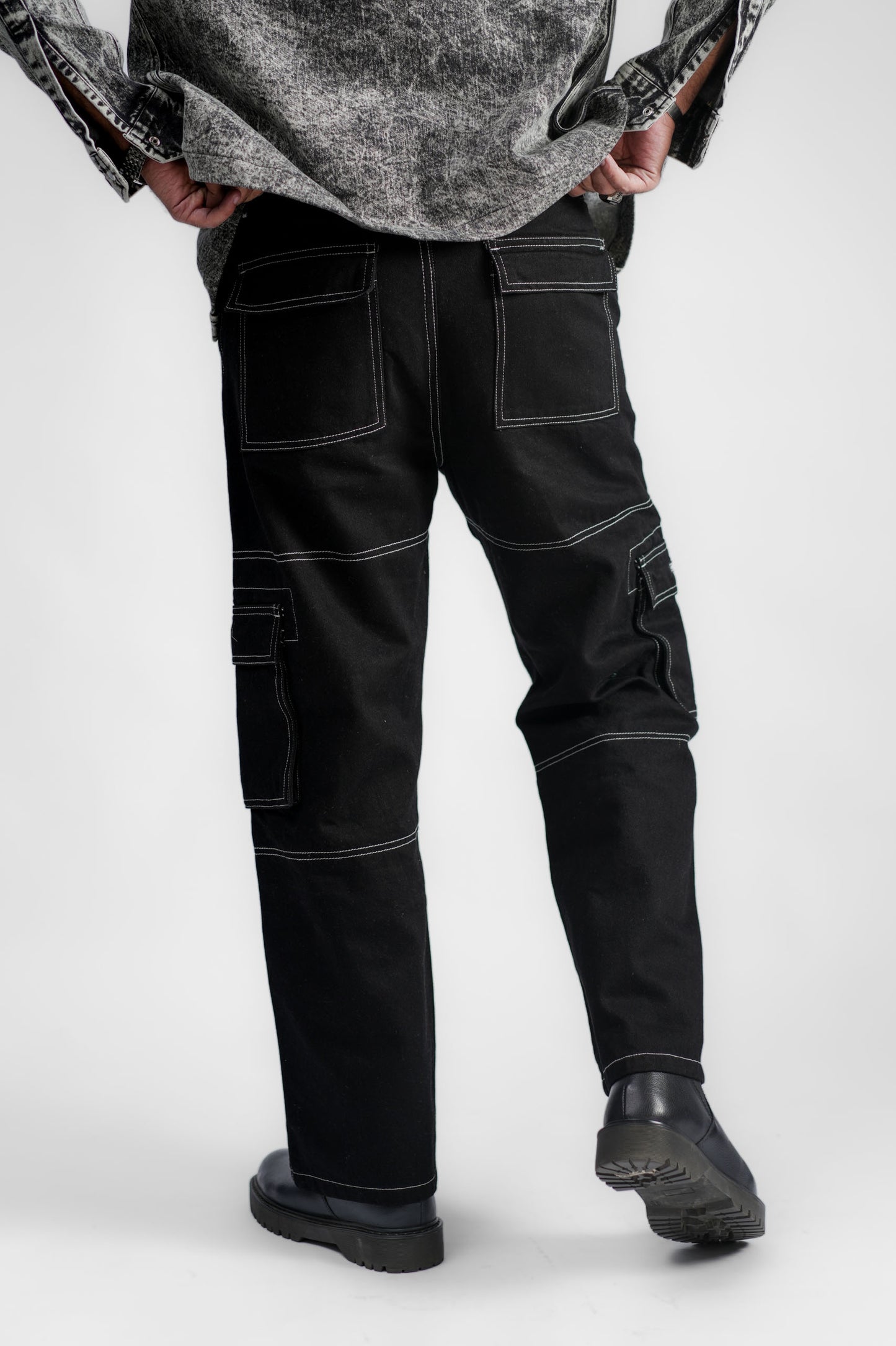 Black Denim Cargo - Straight Fit