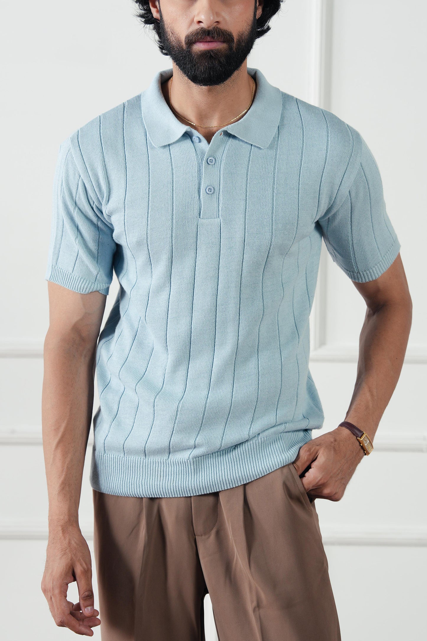 Drop Needle Knit Polo Sweater (MKP-11)