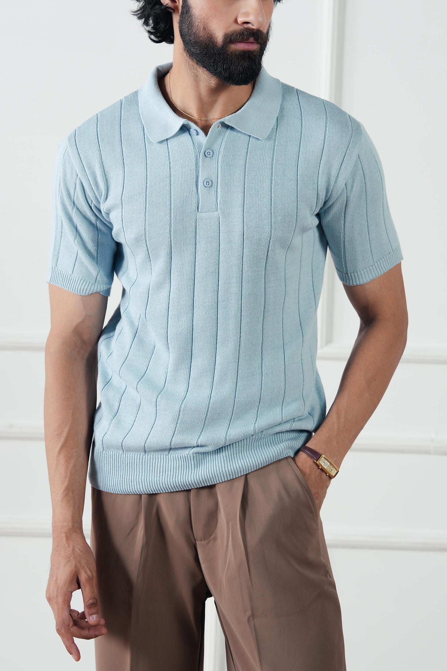 Drop Needle Knit Polo Sweater (MKP-11)