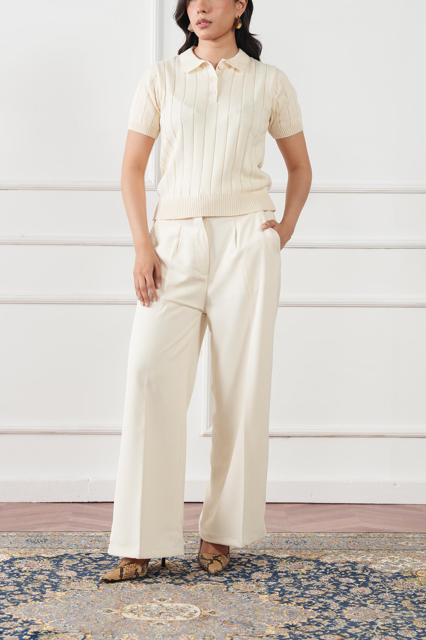 Drop Needle Knit Polo Sweater (WKP-03)