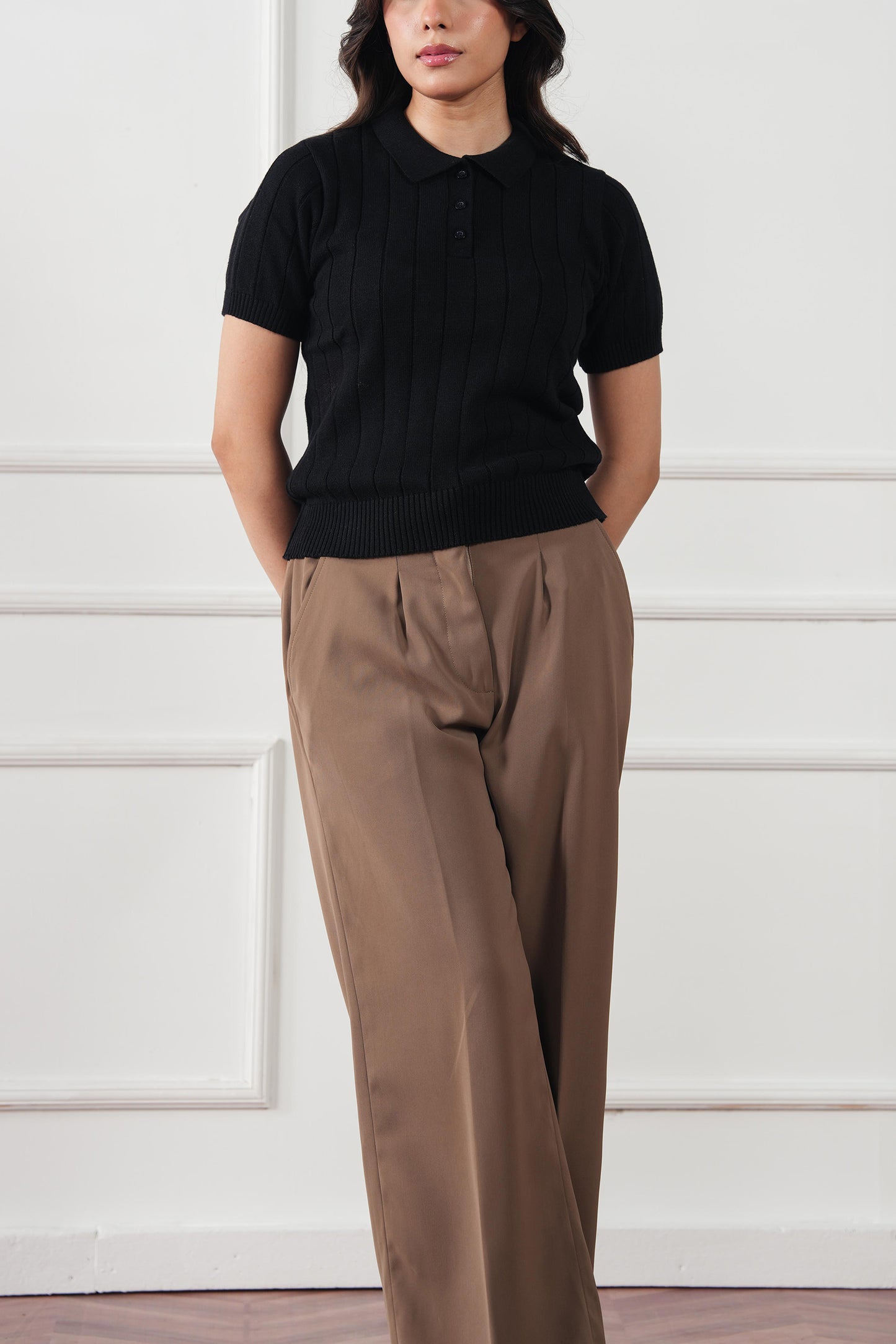 Drop Needle Knit Polo Sweater (WKP-04)