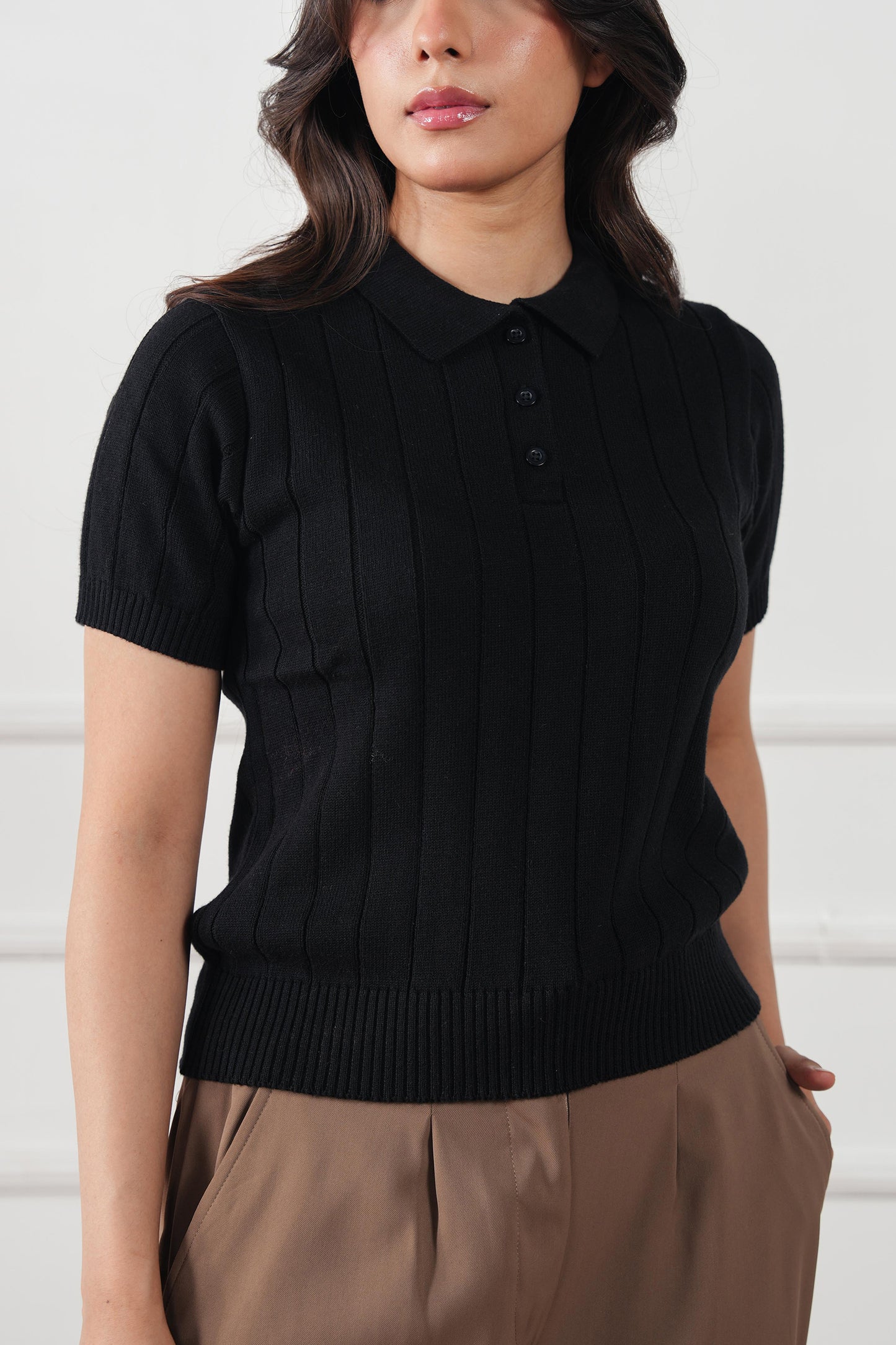 Drop Needle Knit Polo Sweater (WKP-04)