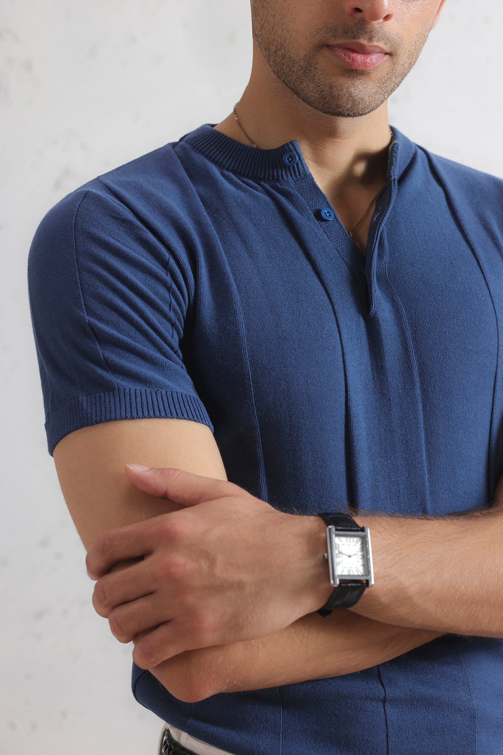 Drop Needle Knit Henley Shirt