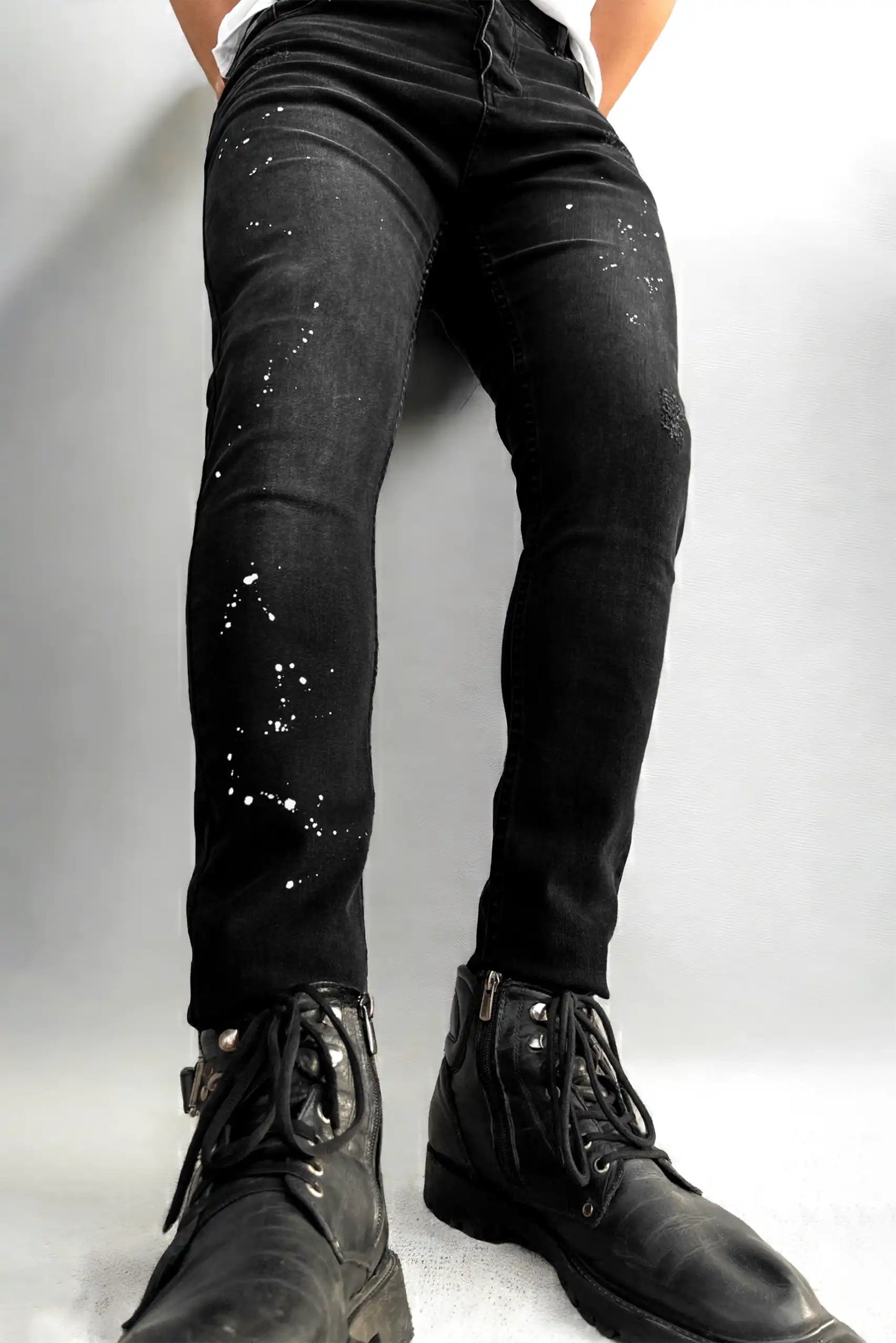 Faded Black Paint Splatter Jeans - Muscle Fit