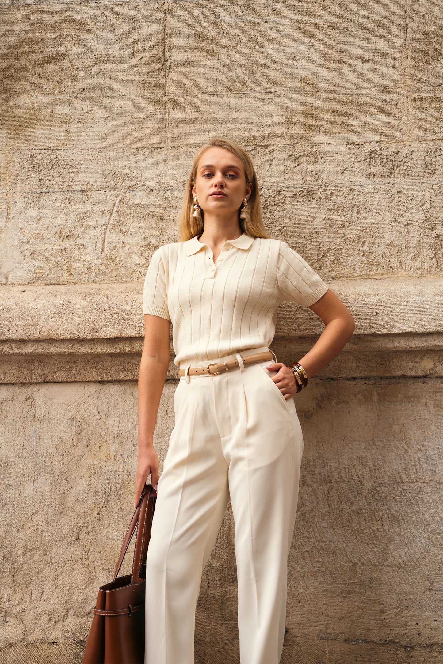 Drop Needle Knit Polo Sweater (WKP-03)