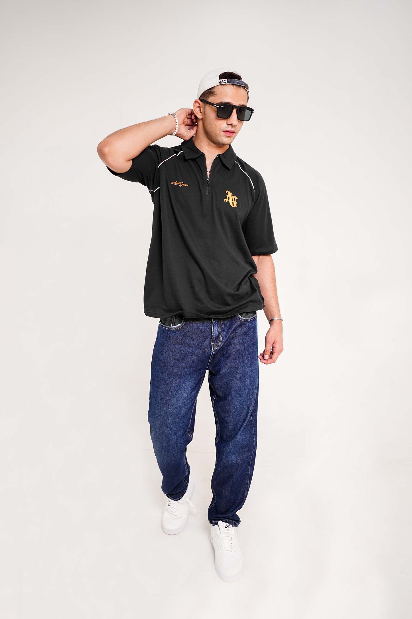 Black Zipper Oversized Polo Shirt