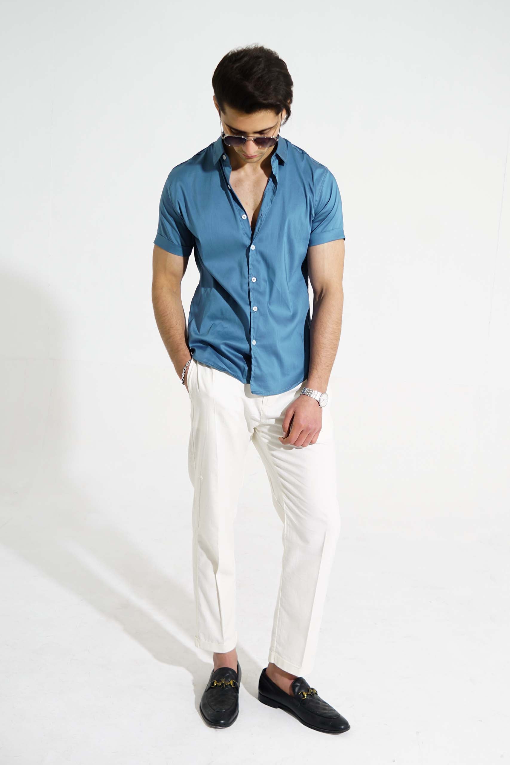 Buy Office Wear Sky Blue Plain Cotton Shirt Online From Surat Wholesale  Shop.