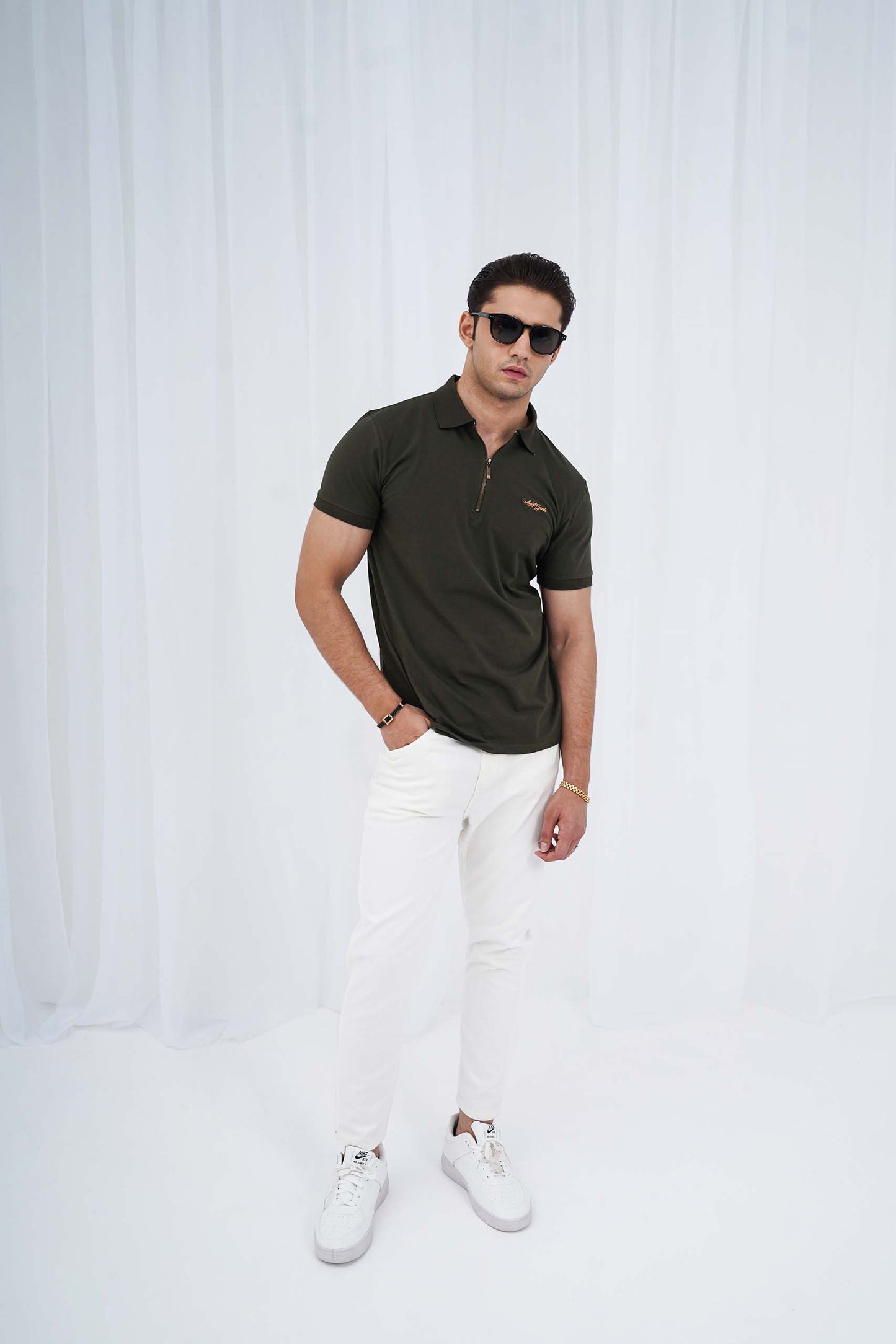 Olive Green Zipper Flex Polo Shirt (PS038)