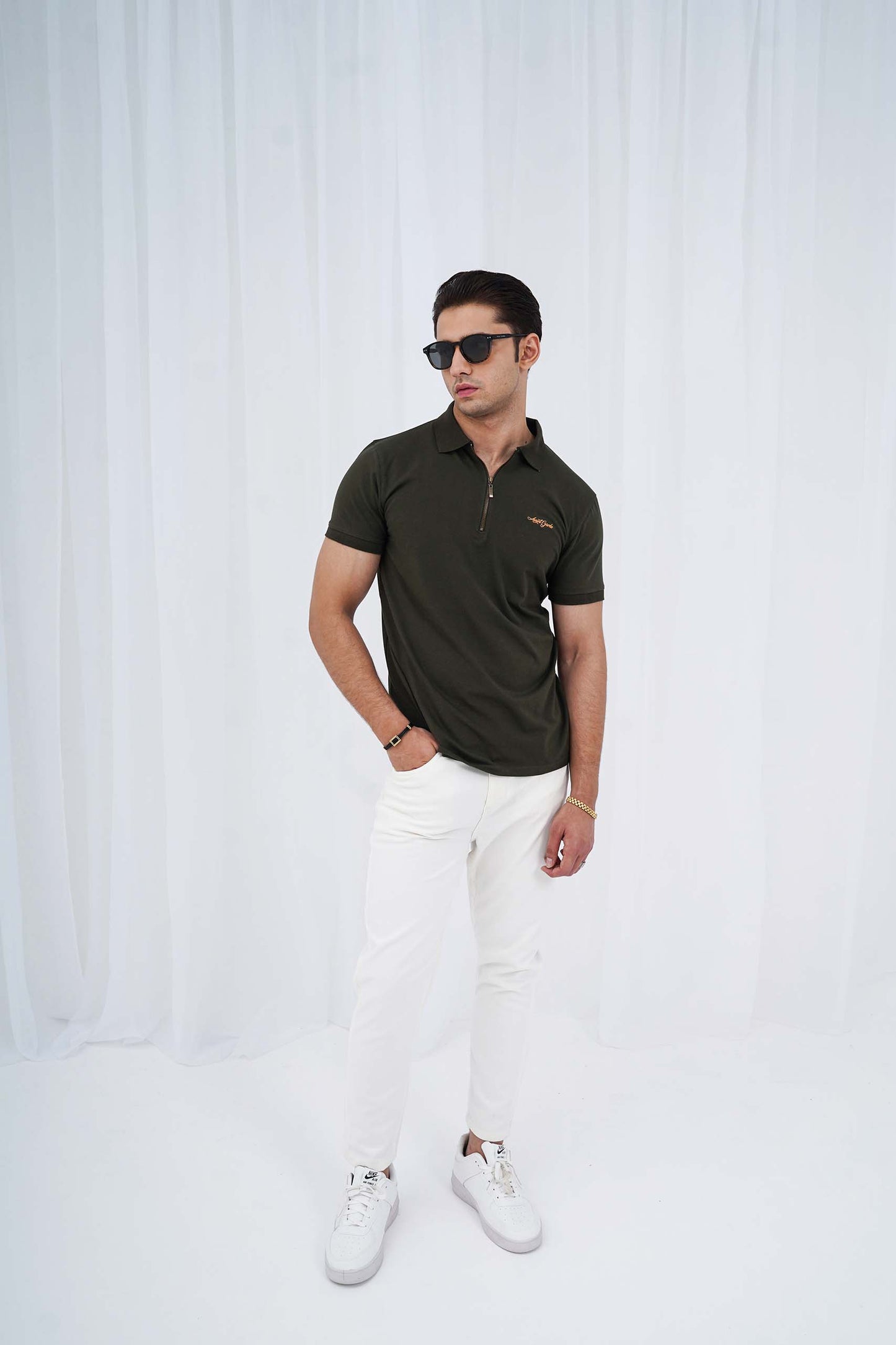 Olive Green Zipper Flex Polo Shirt (PS038)