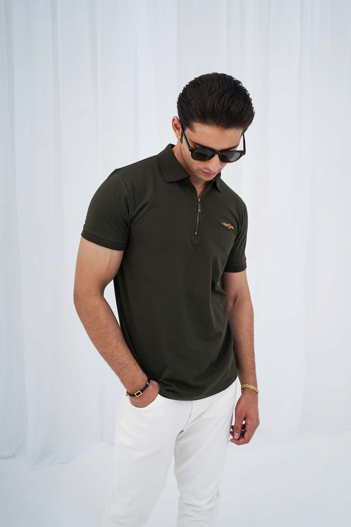 Olive Green Zipper Flex Polo Shirt (PS038)