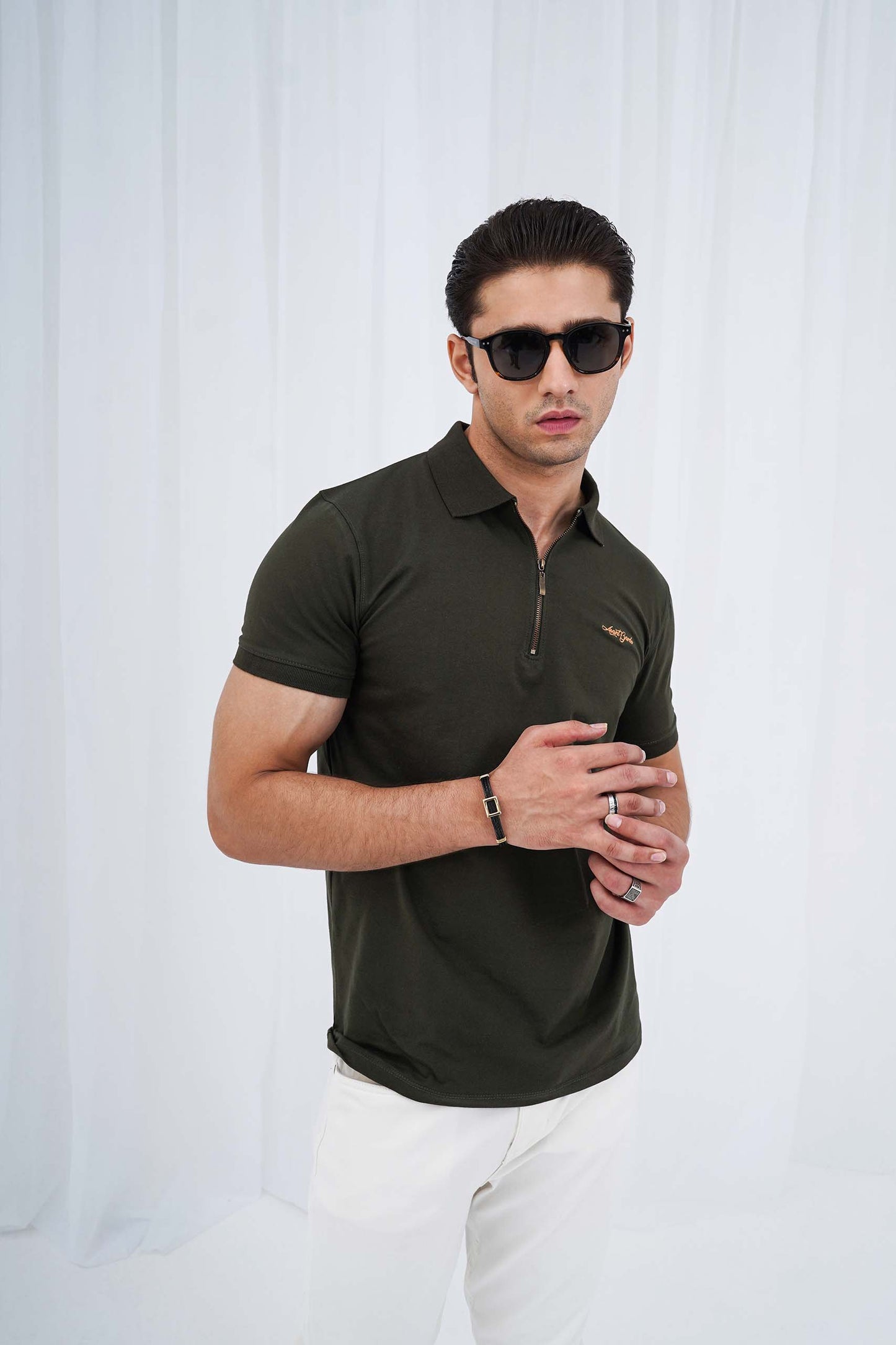 Olive Green Zipper Flex Polo Shirt (PS038)