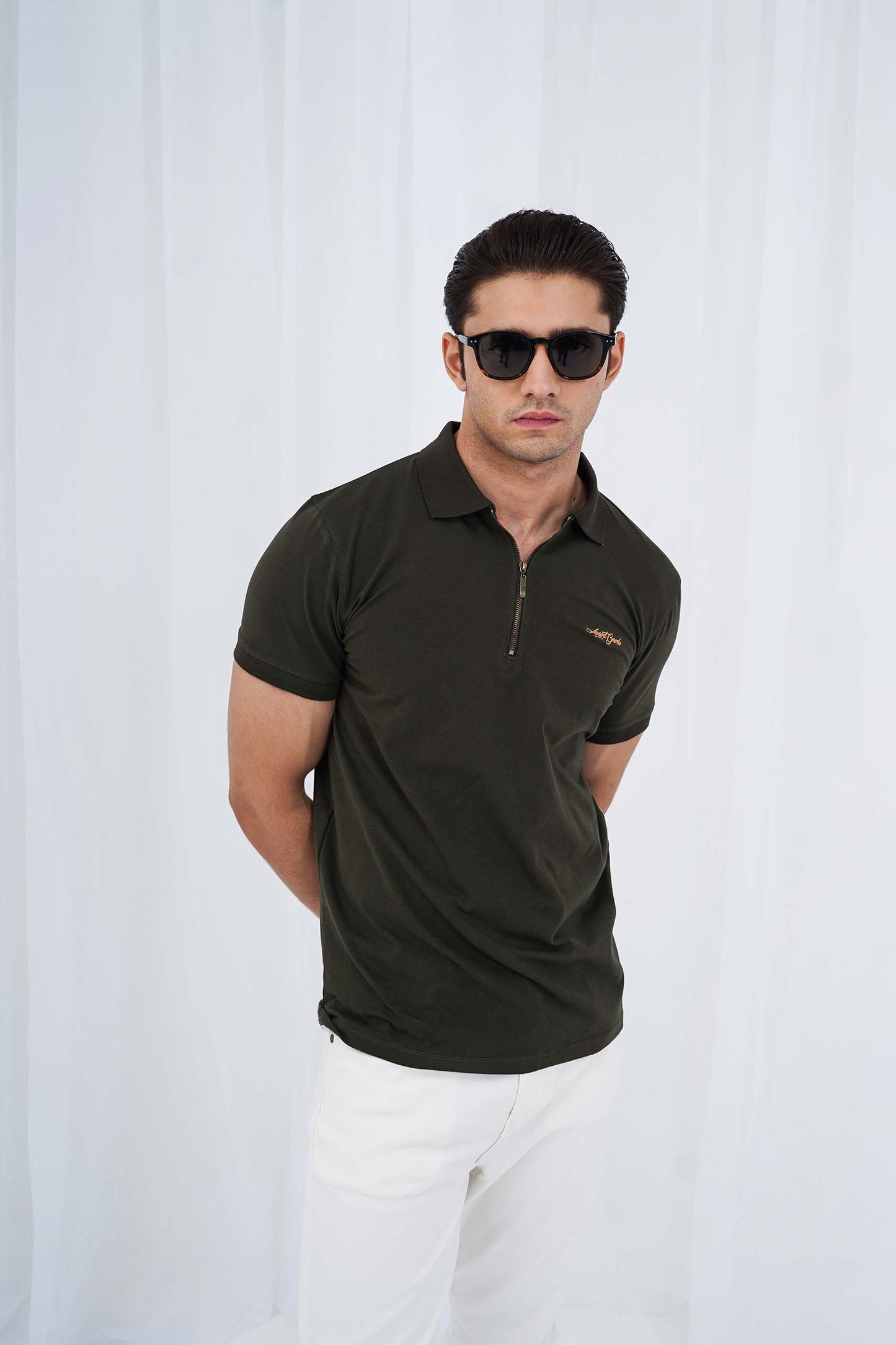 Olive Green Zipper Flex Polo Shirt (PS038)