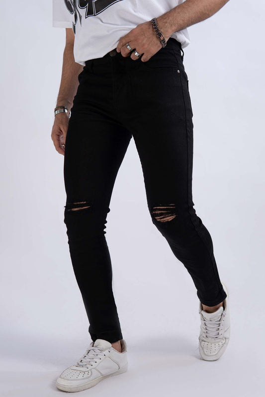 Jet Black Knee Ripped Jeans - Muscle Fit
