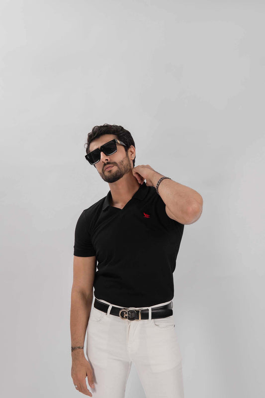 Black V-Neck Flex Polo Shirt