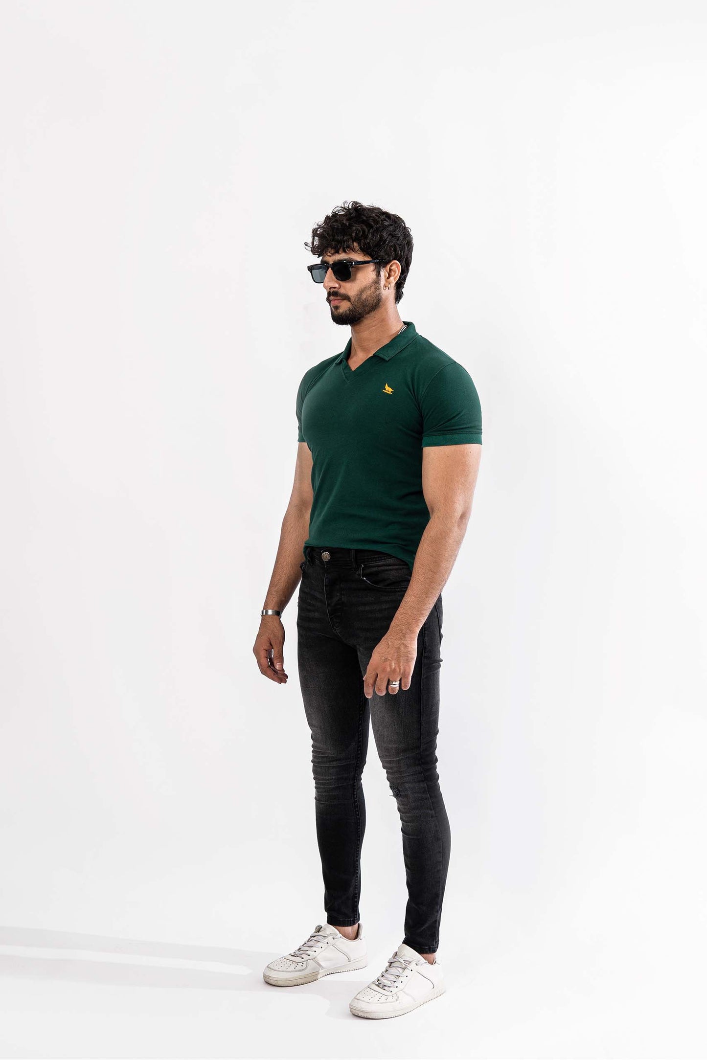 Green V-Neck Flex Polo Shirt