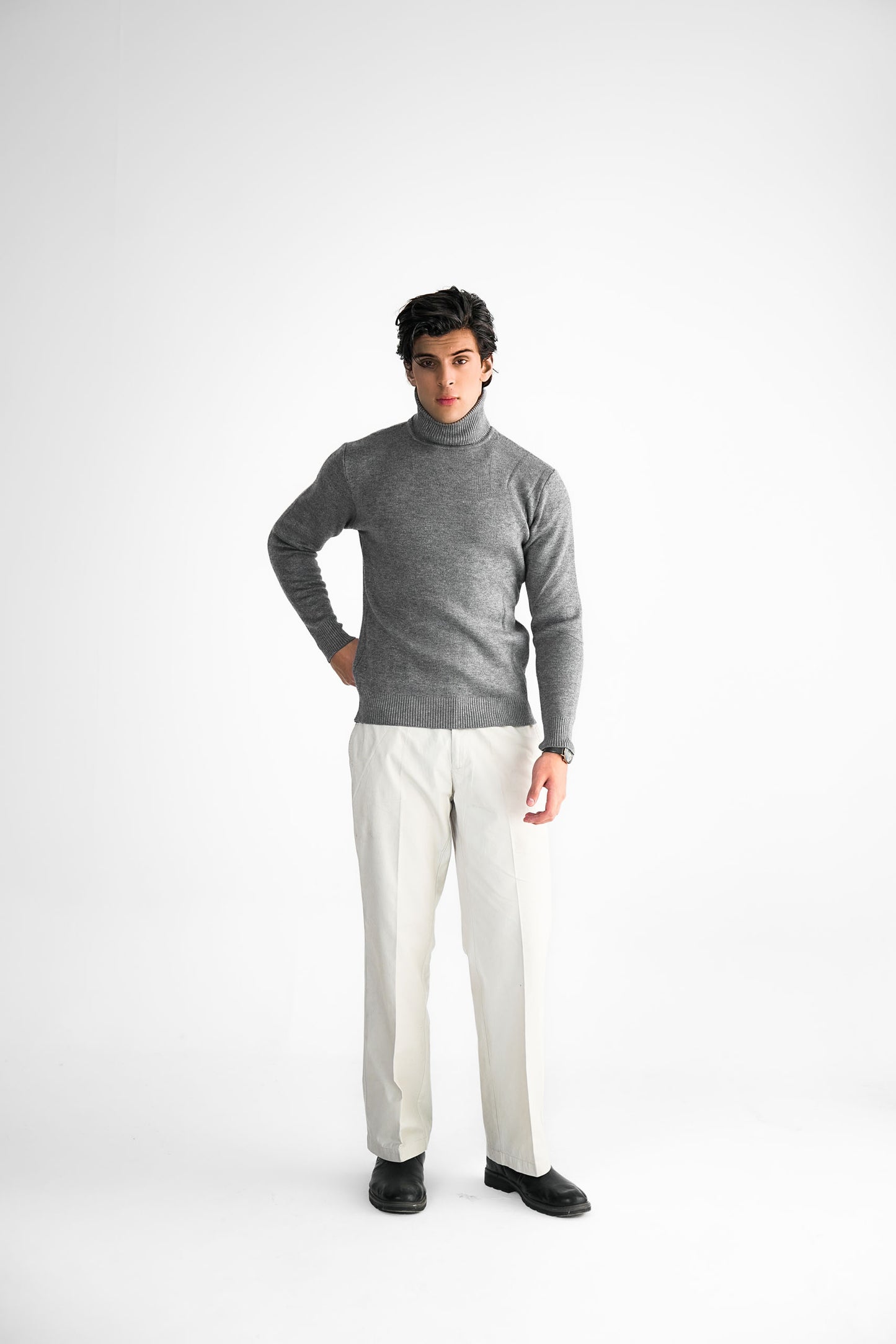 Grey Turtleneck Knit Sweater