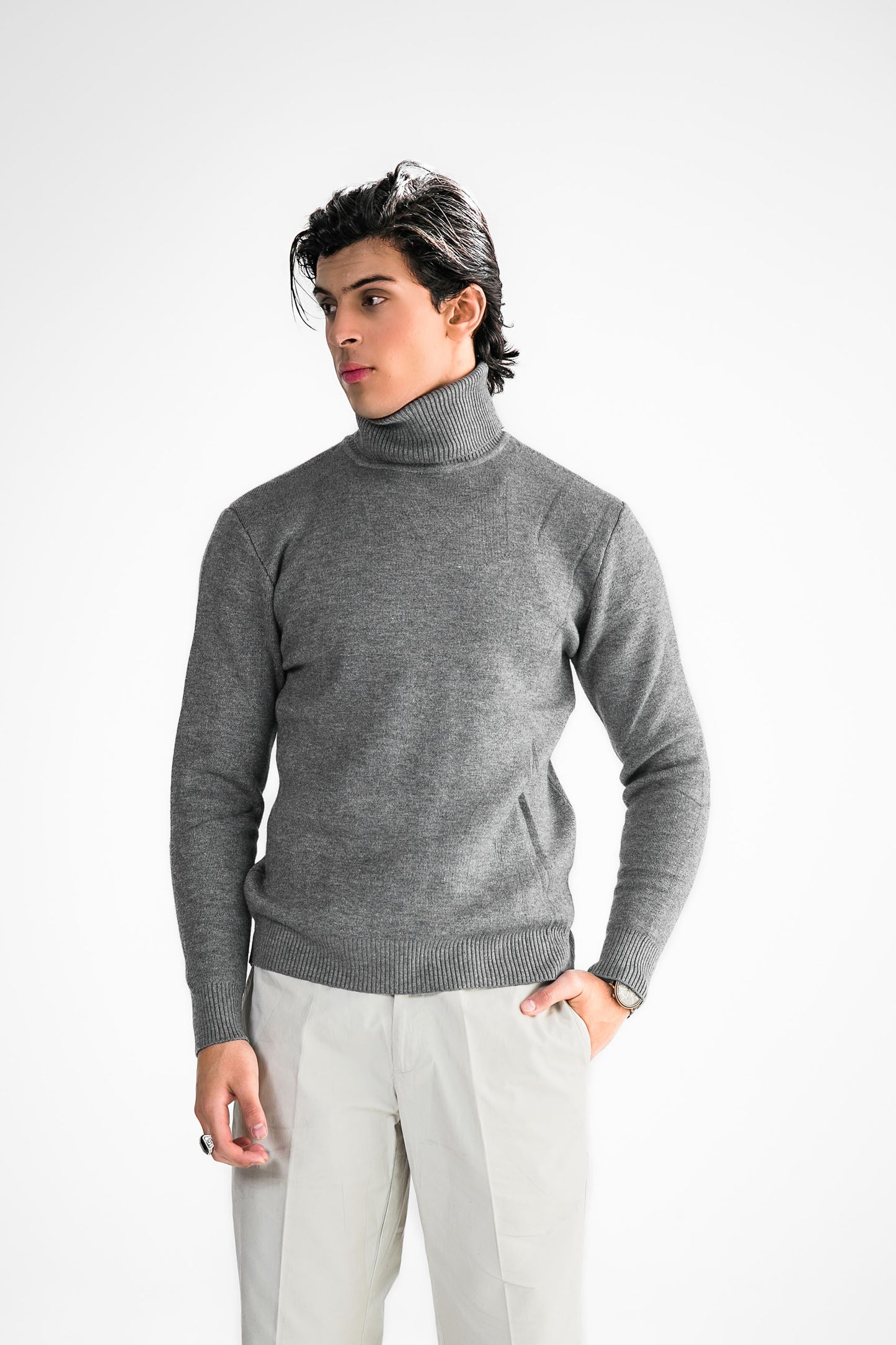 Grey Turtleneck Knit Sweater