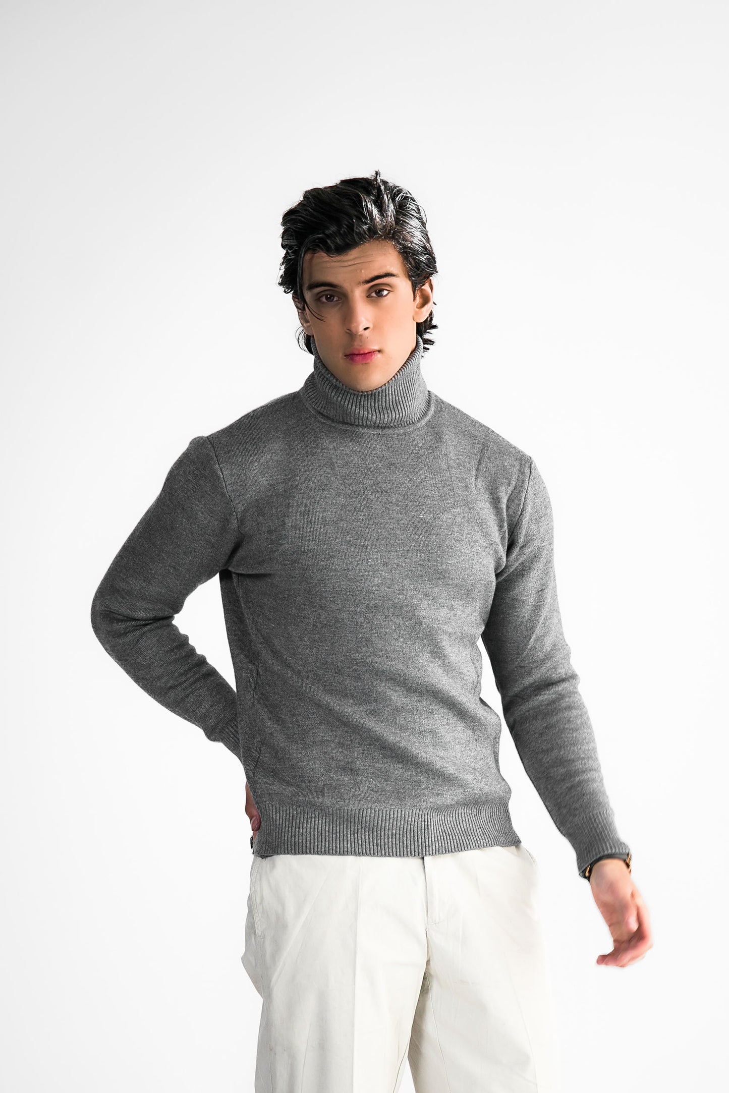 Grey Turtleneck Knit Sweater