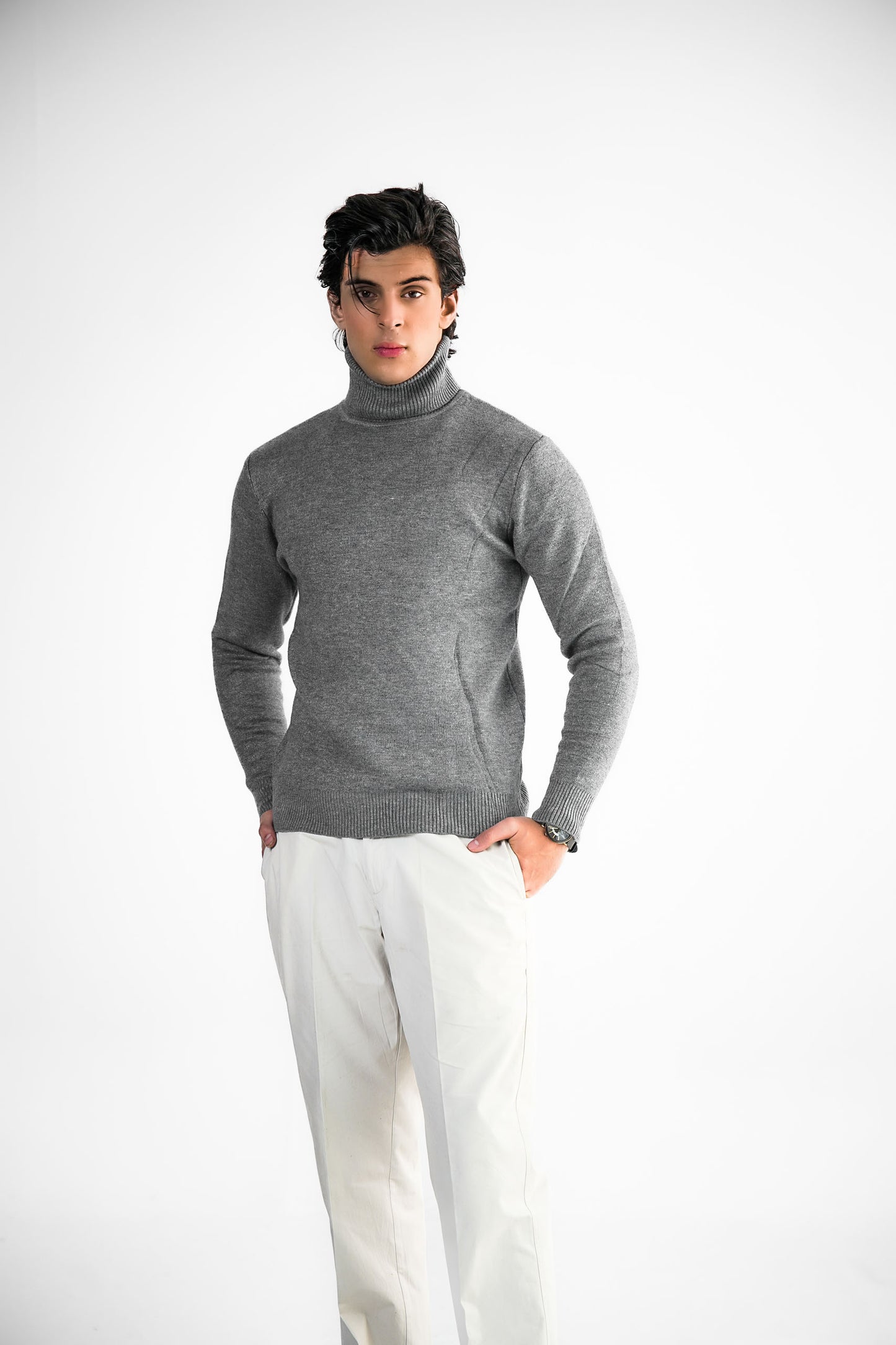 Grey Turtleneck Knit Sweater