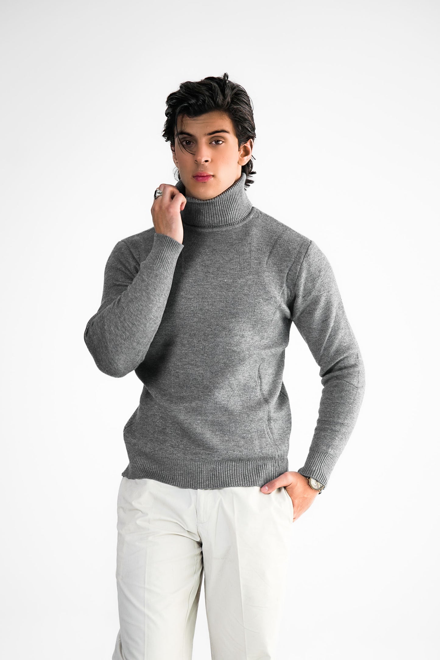 Grey Turtleneck Knit Sweater