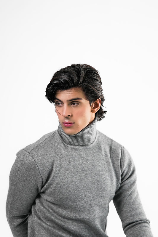 Grey Turtleneck Knit Sweater