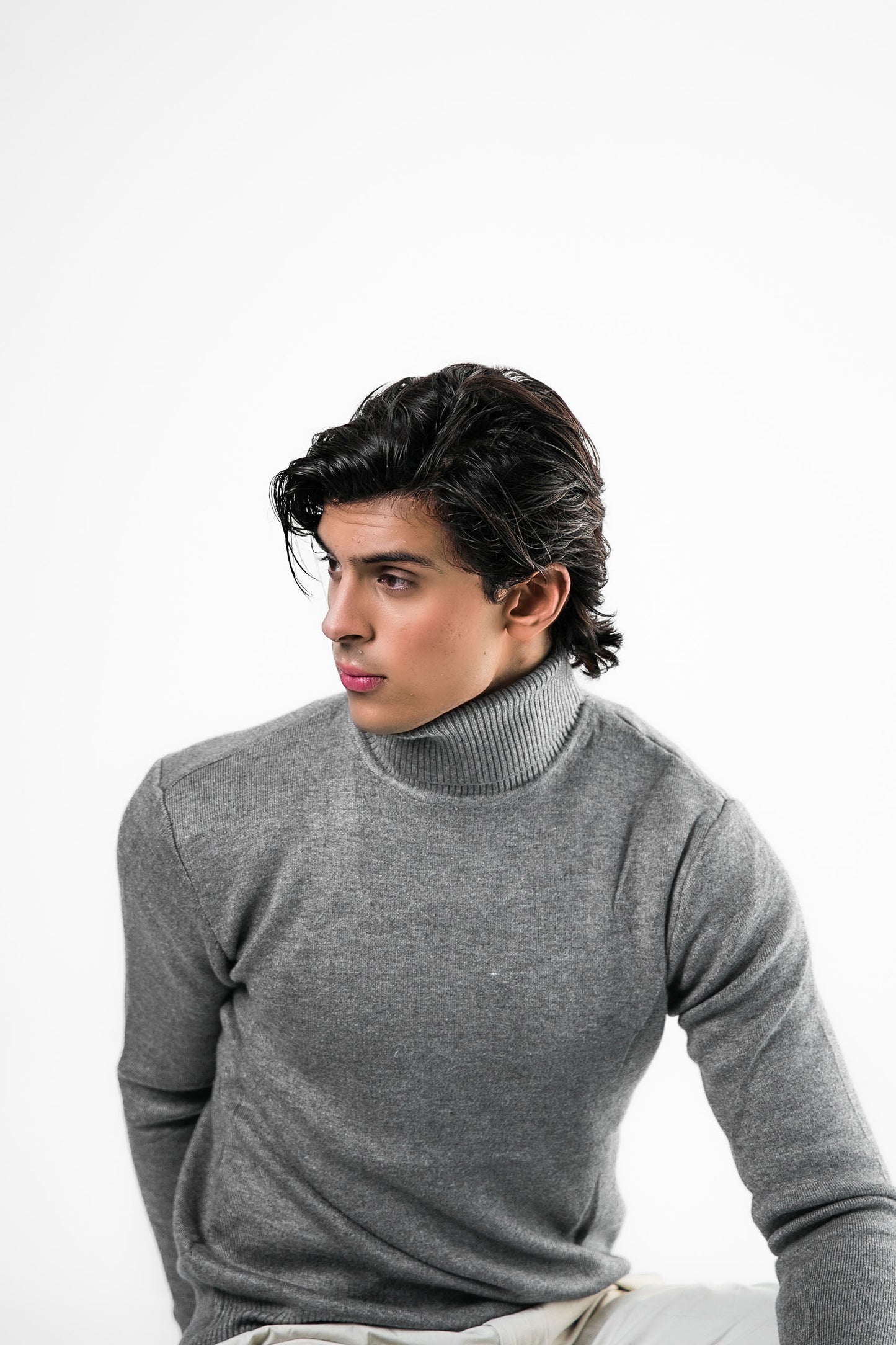 Grey Turtleneck Knit Sweater