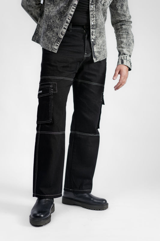 Black Denim Cargo - Straight Fit