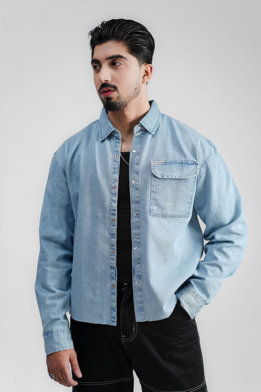 Cropped Denim Shacket Ripped Light Blue (DS02)