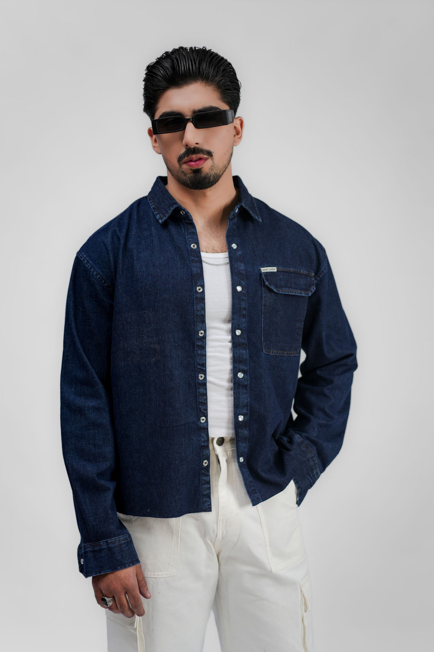 Cropped Denim Shirt Ripped Dark Blue (DS01)