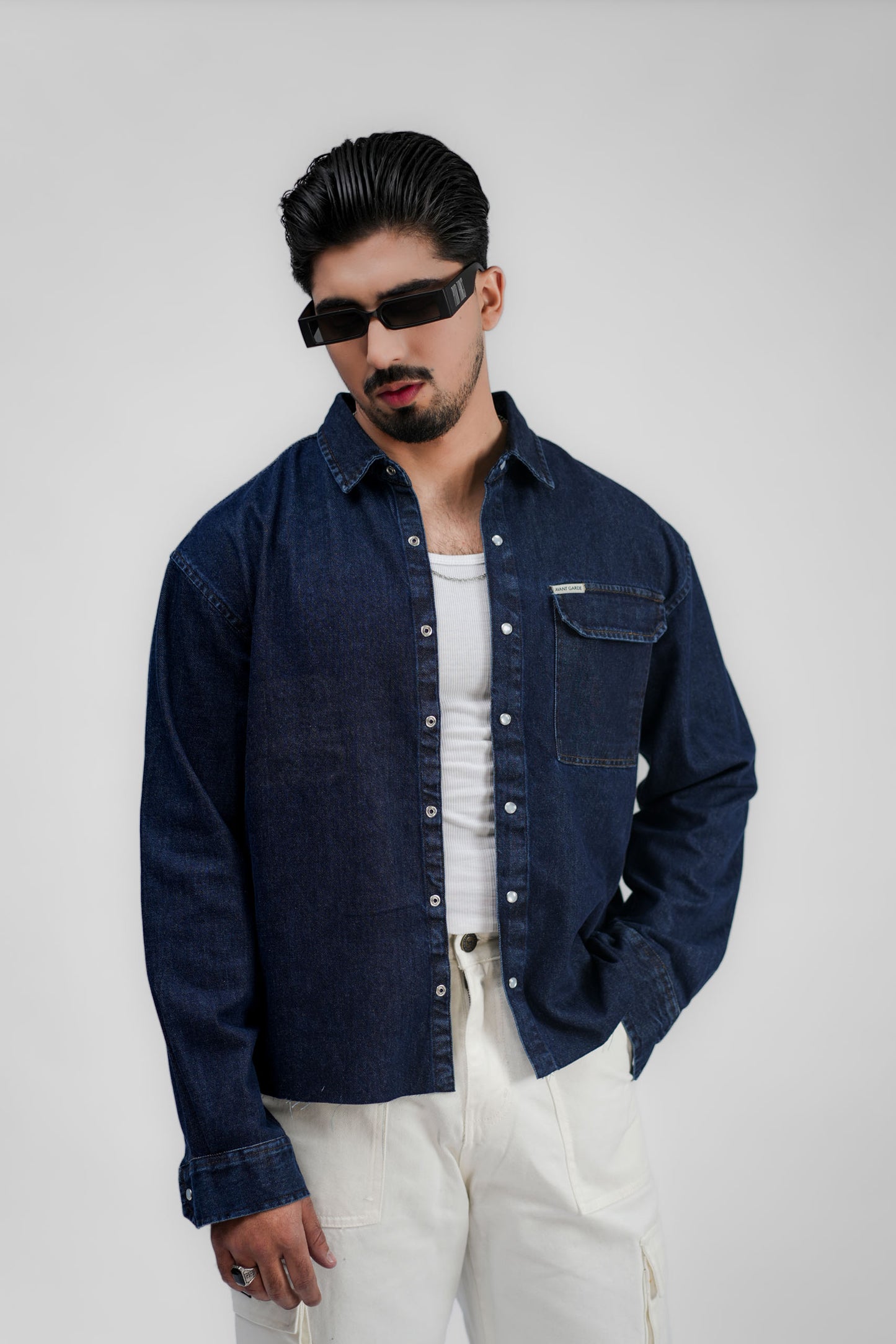 Cropped Denim Shirt Ripped Dark Blue (DS01)