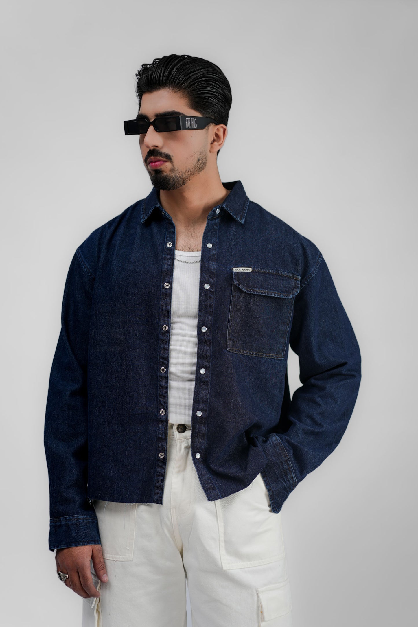 Cropped Denim Shirt Ripped Dark Blue (DS01)