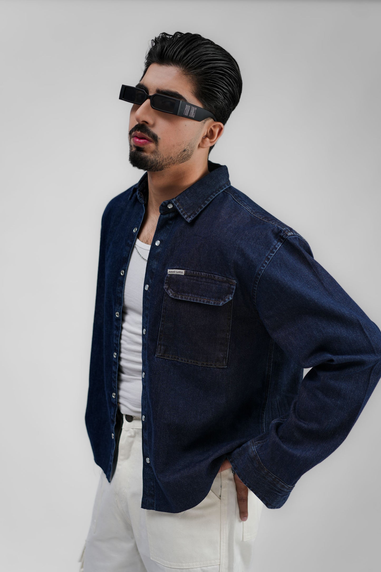 Cropped Denim Shirt Ripped Dark Blue (DS01)