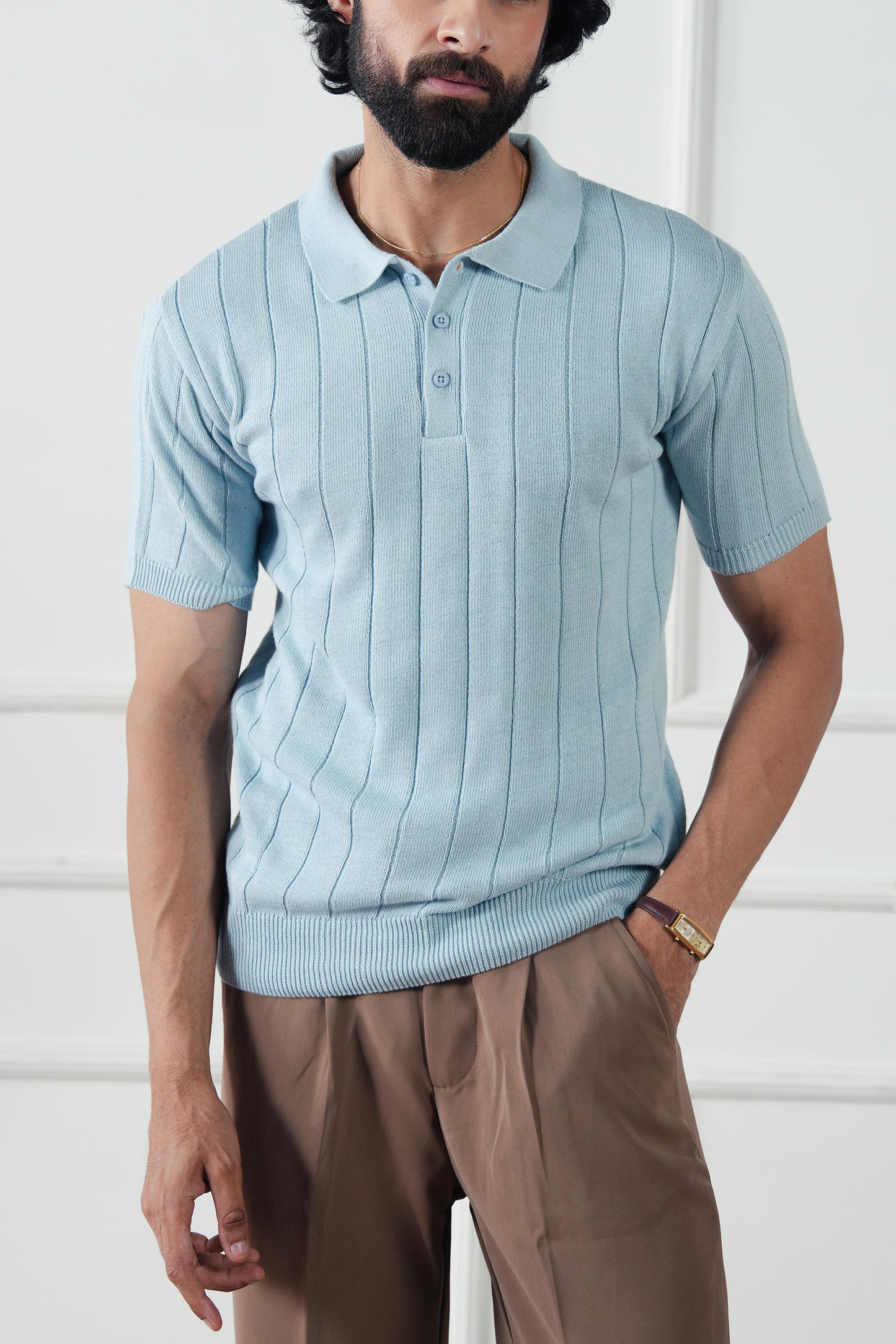 Drop Needle Knit Polo Sweater (MKP-11)