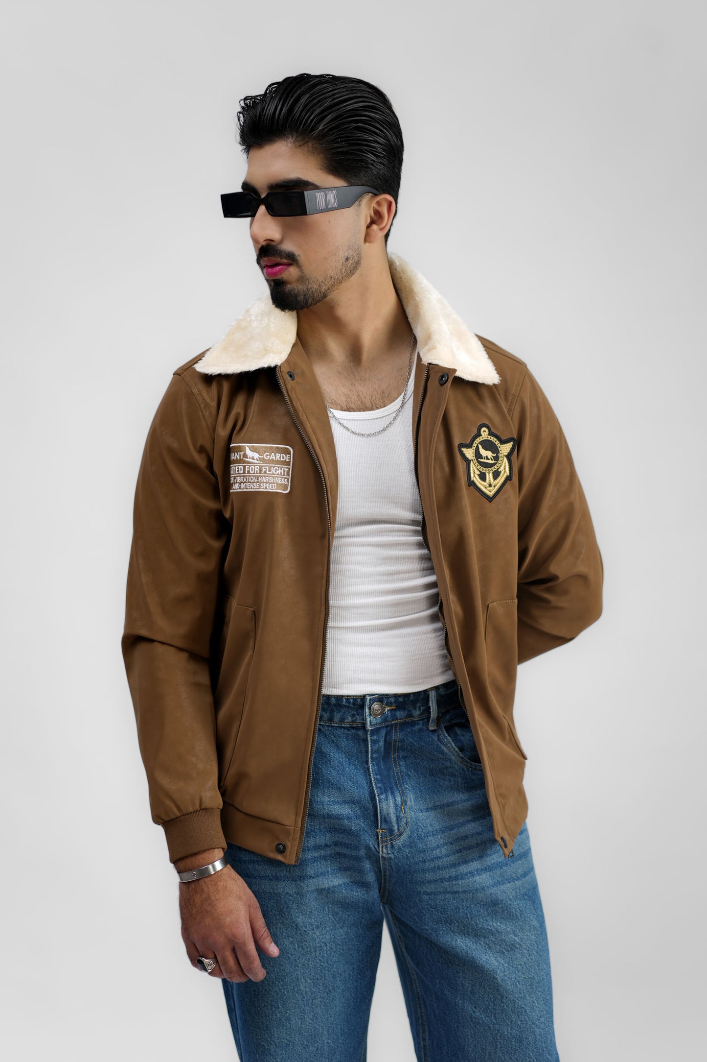 Leather Aviator Jacket - Brown