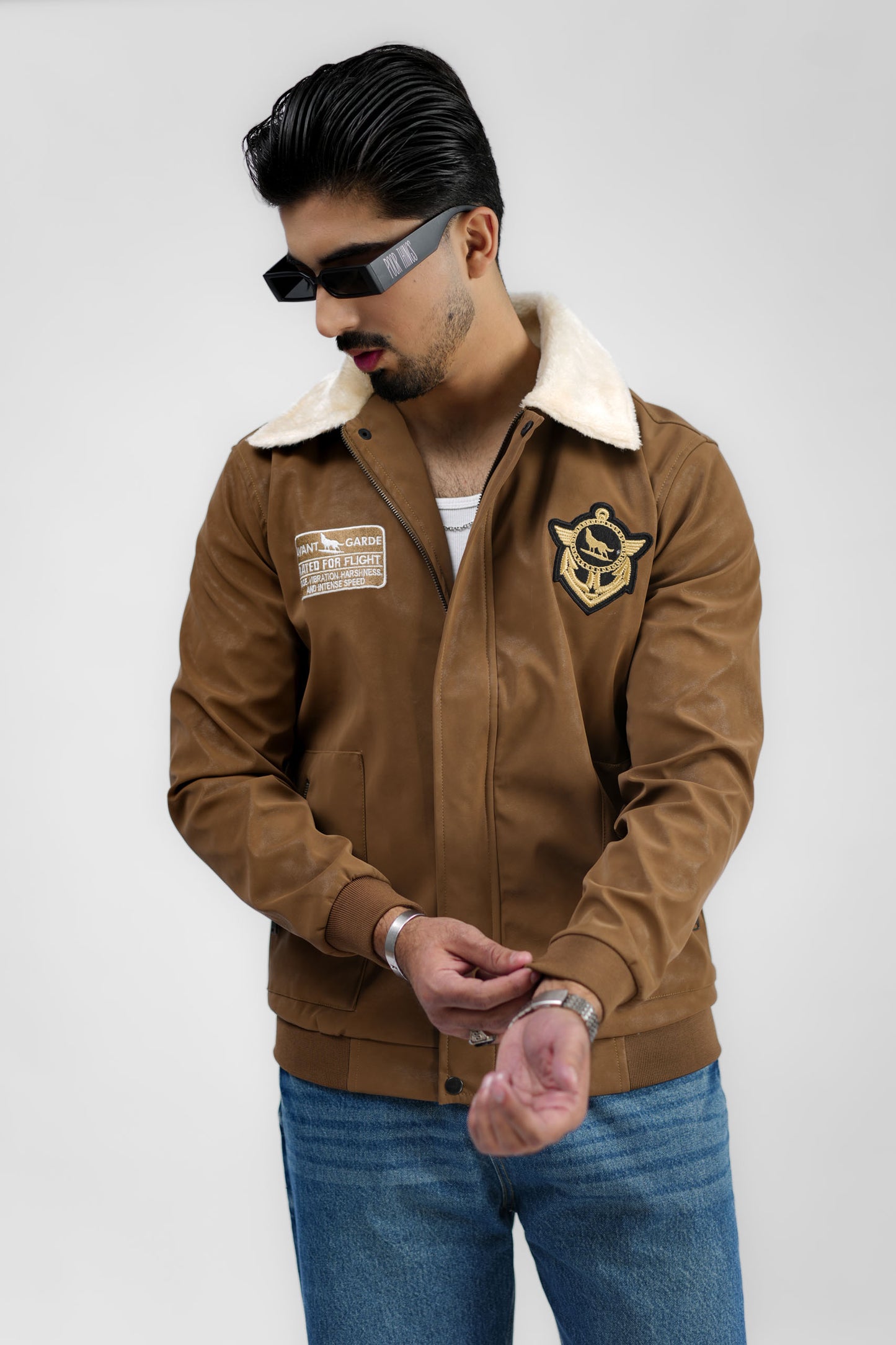 Leather Aviator Jacket - Brown