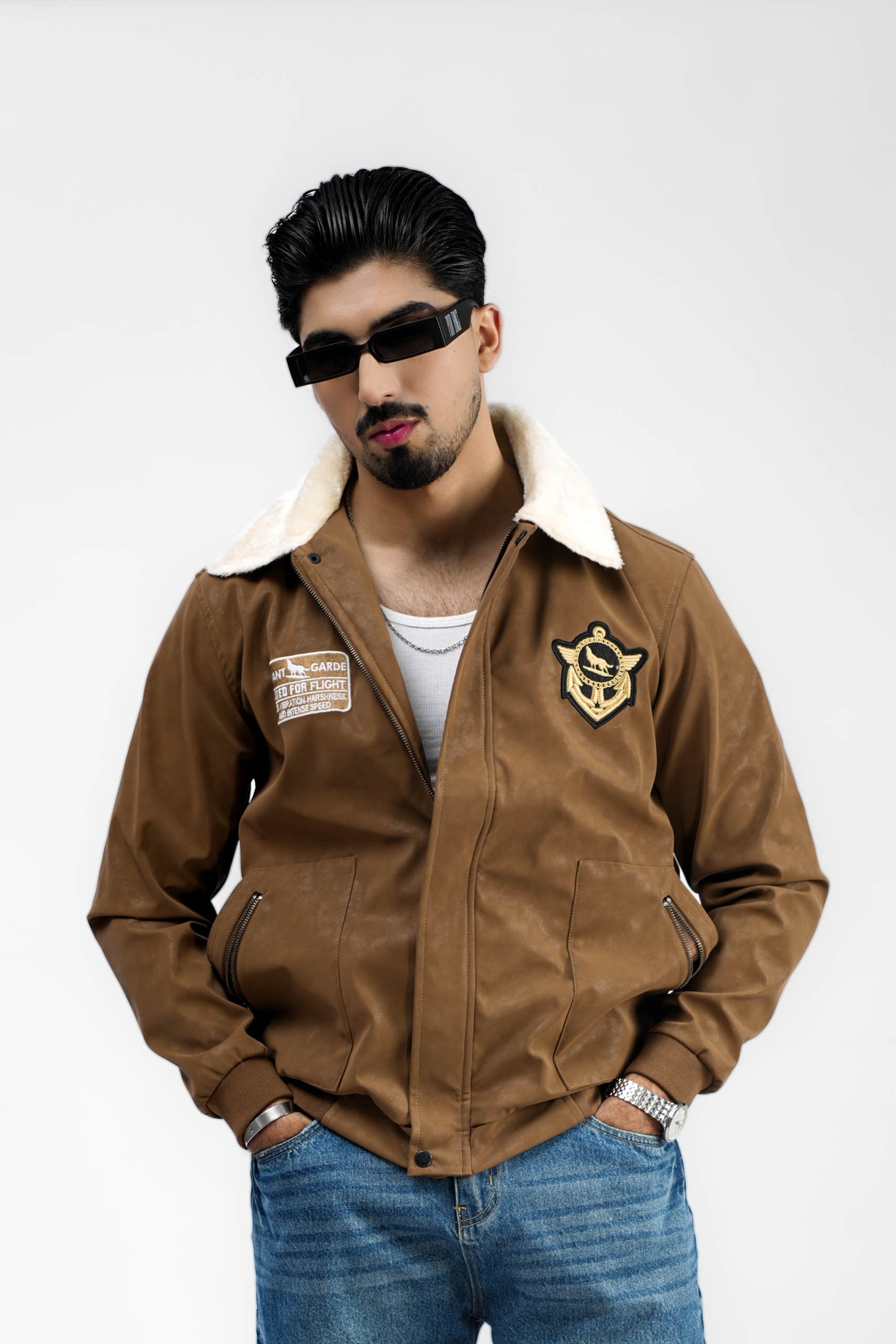 Leather Aviator Jacket - Brown