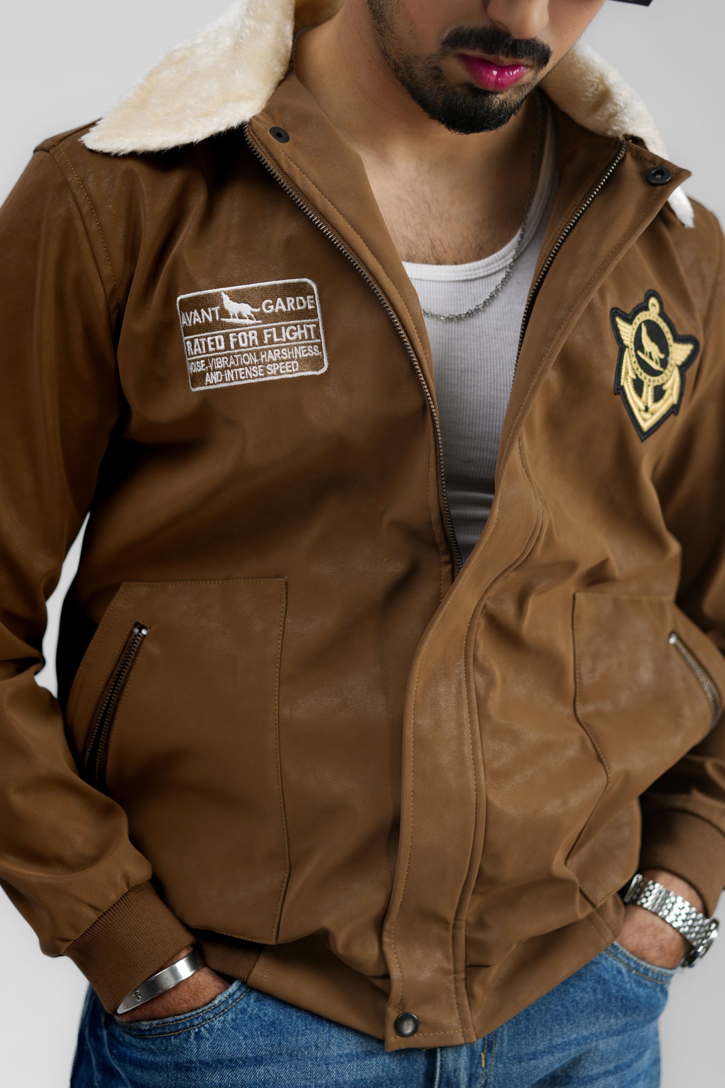 Leather Aviator Jacket - Brown