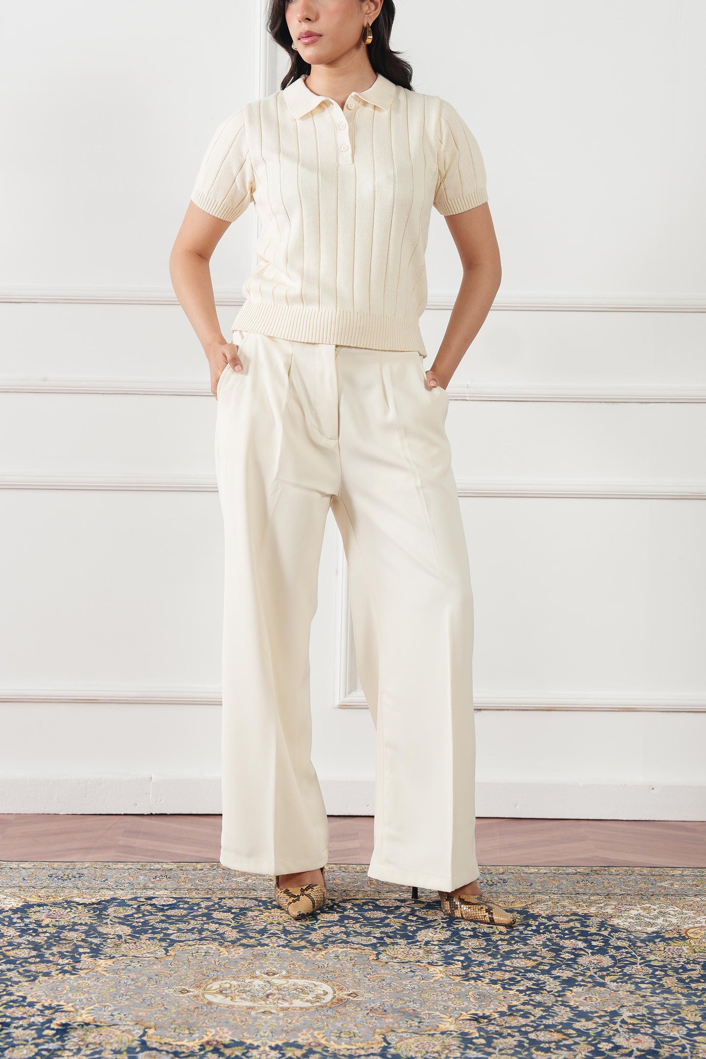 Drop Needle Knit Polo Sweater (WKP-03)