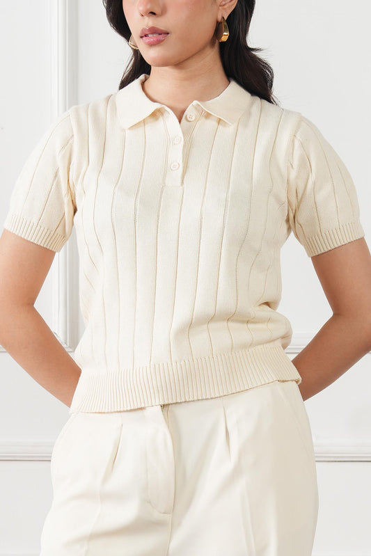Drop Needle Knit Polo Sweater (WKP-03)