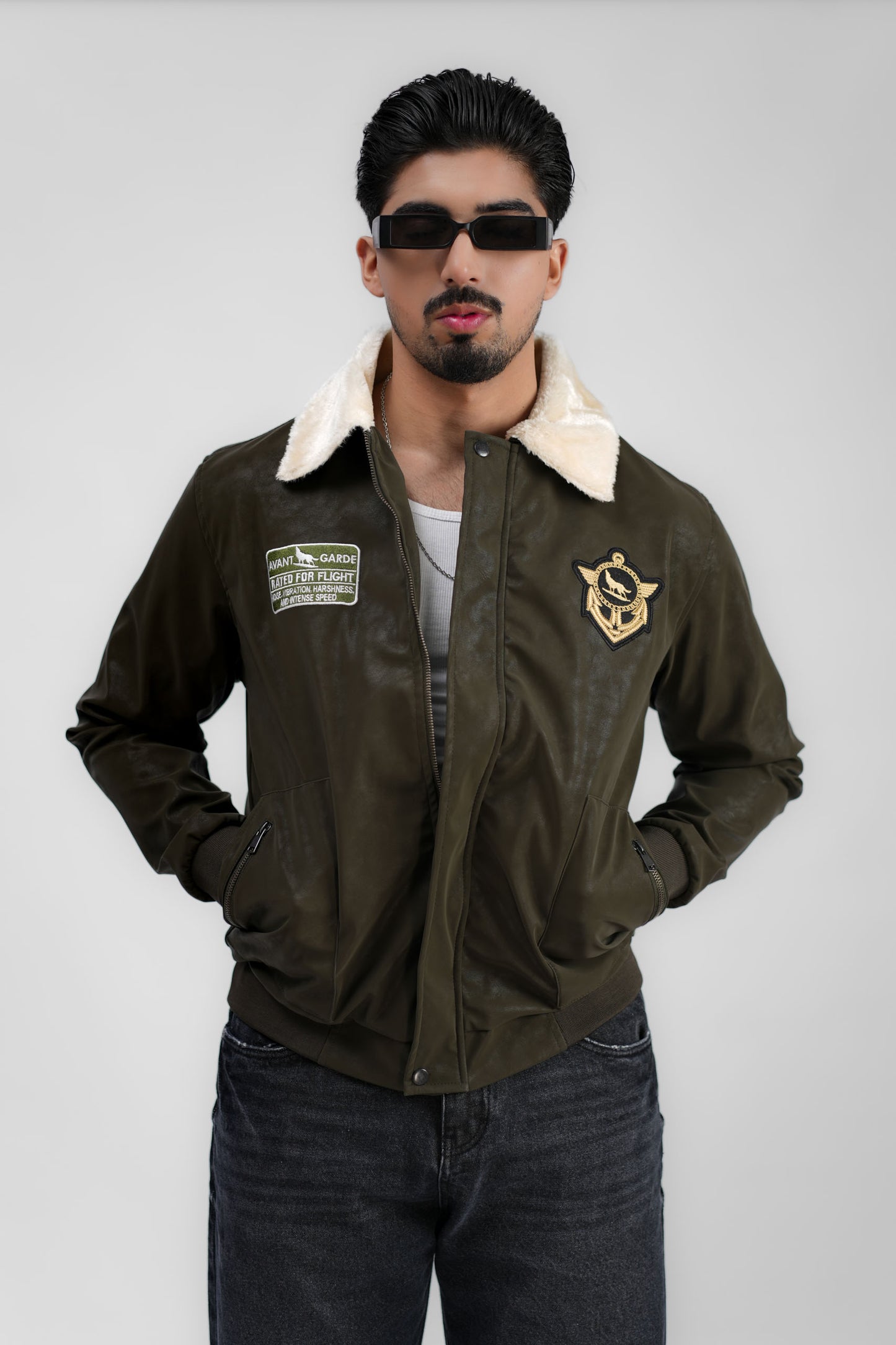 Leather Aviator Jacket - Green