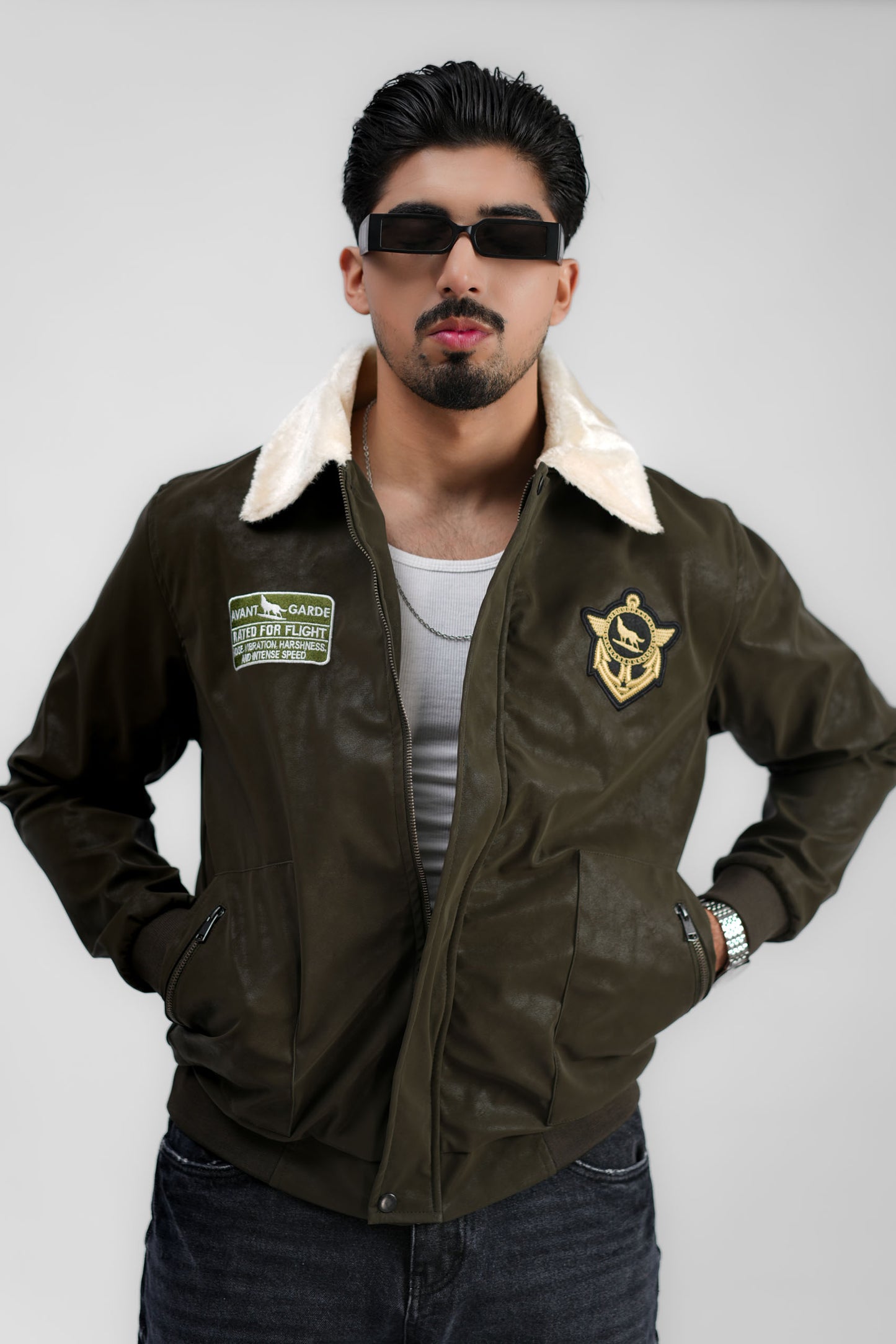 Leather Aviator Jacket - Green