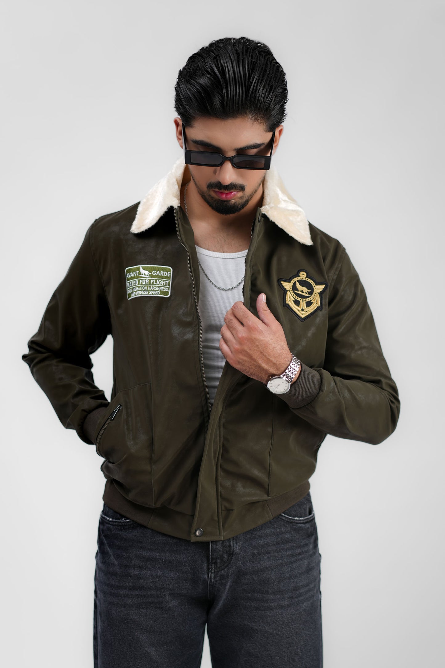 Leather Aviator Jacket - Green