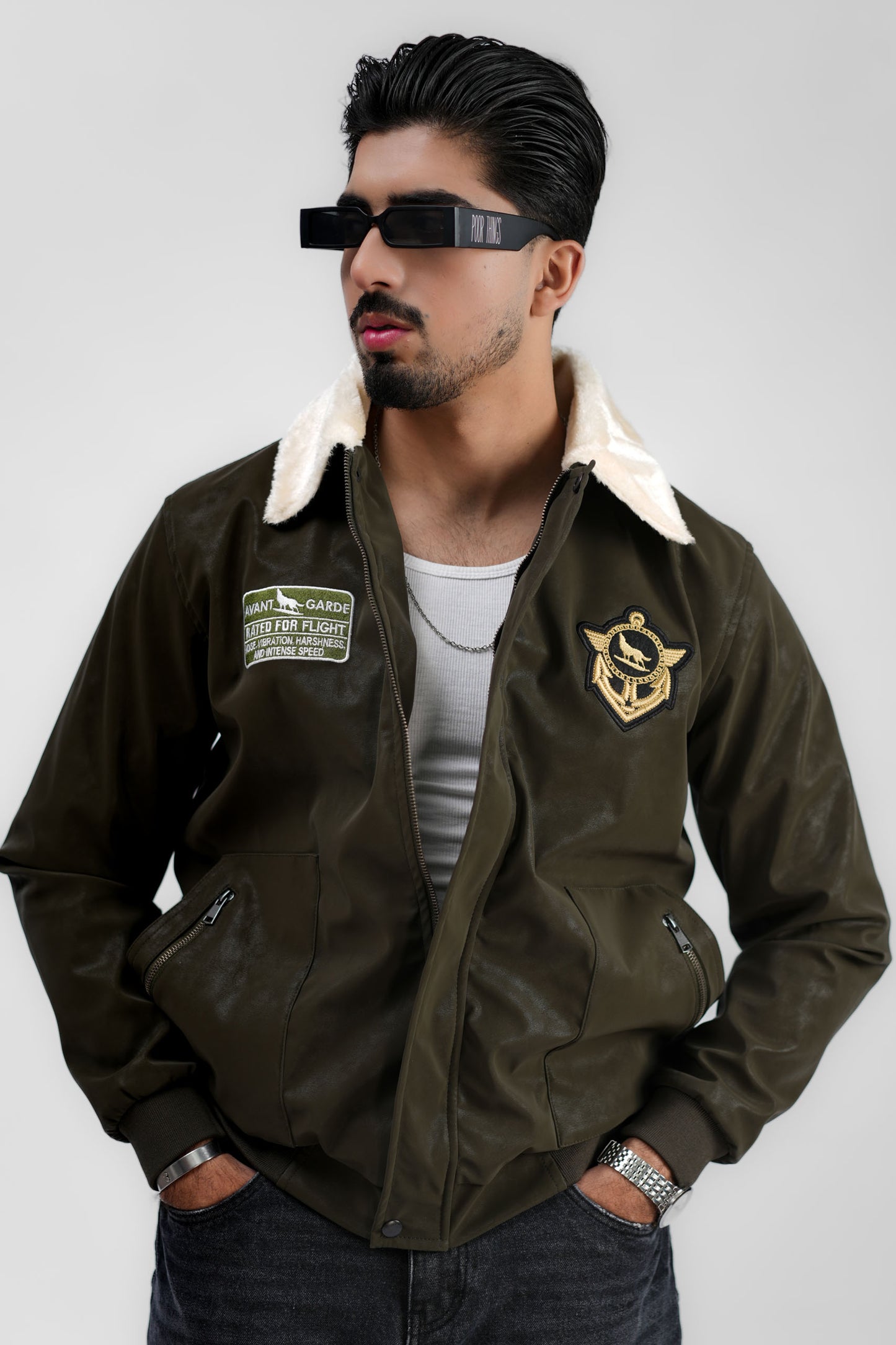 Leather Aviator Jacket - Green